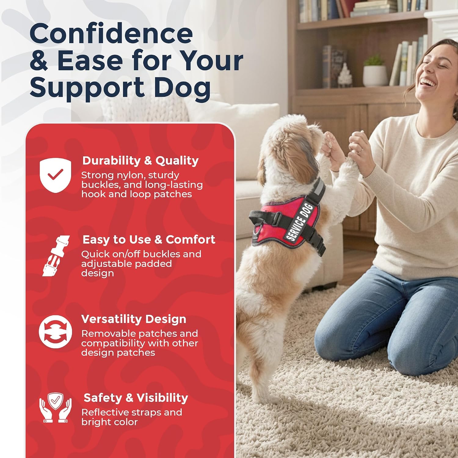 Service Dog Vest Harness, Small 19.5-25 in, Red | Durable & Adjustable Vest for Dog, Reflective Straps, Removable Patches, 50 ADA Cards, Handle & D-Ring, Travel and Daily Use