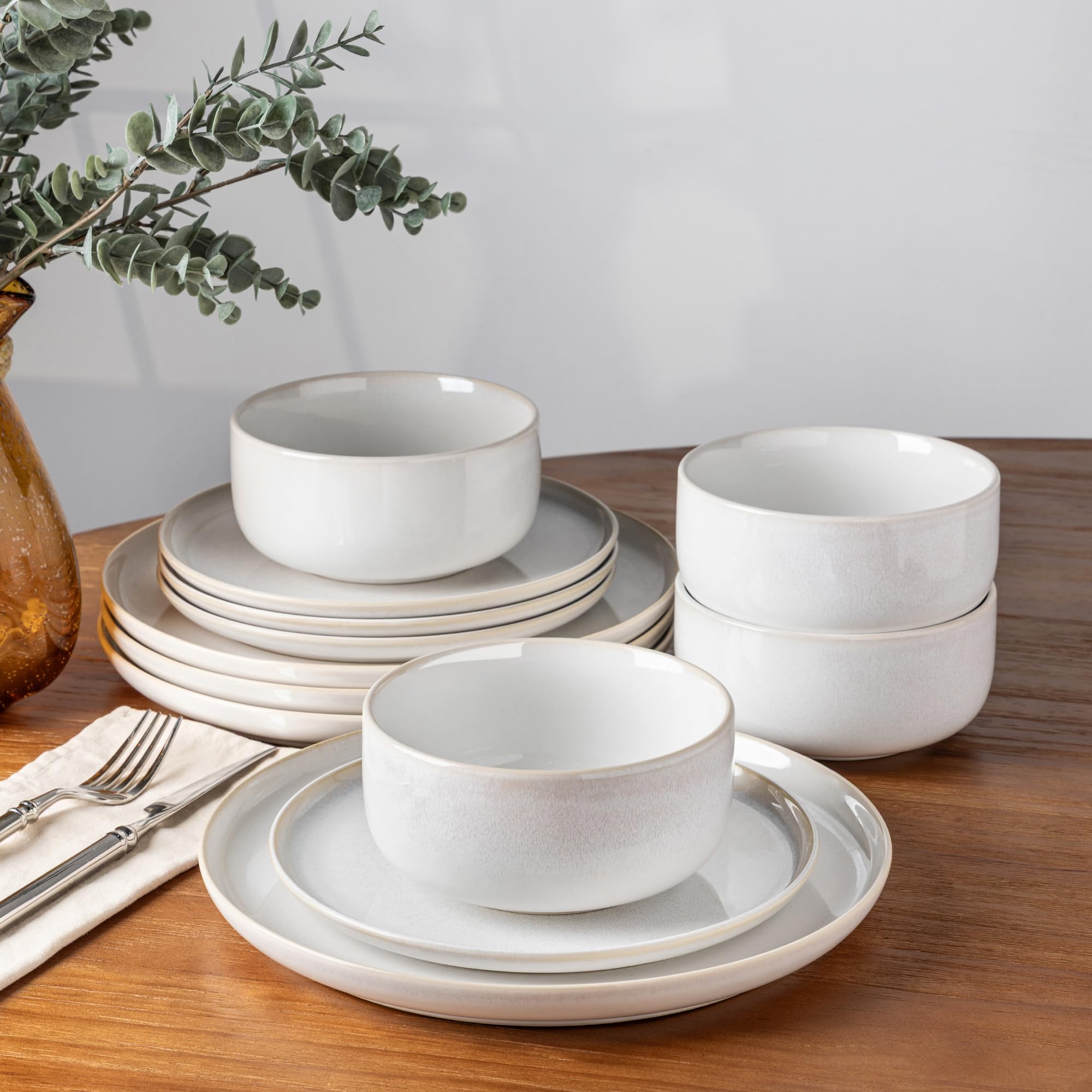TheTerra Ceramic Dinnerware Sets for 4, 12 Pieces Handmade Reactive Glaze Plates and Bowls Set, Scratch Resistant Dish Set, Oven &amp; Microwave &amp; Dishwasher Safe, Star White