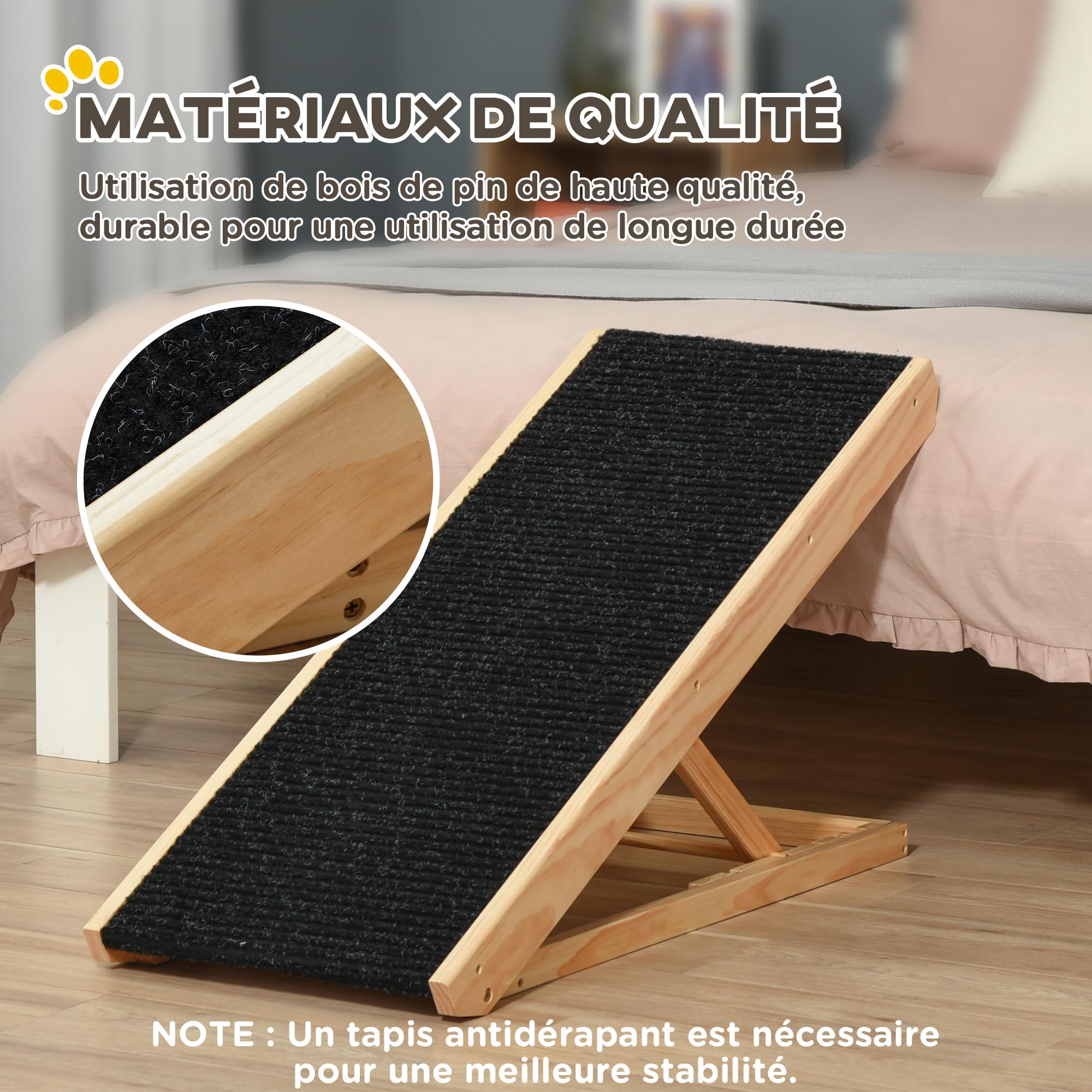 PawHut Rampe pour Chien de Grande Taille Pliable, escalier pour Chien avec Hauteur Ajustable 26-61 cm, Surface antidérapante, Facile à Transporter, pour lit et canapé, Bois de pin, Noir