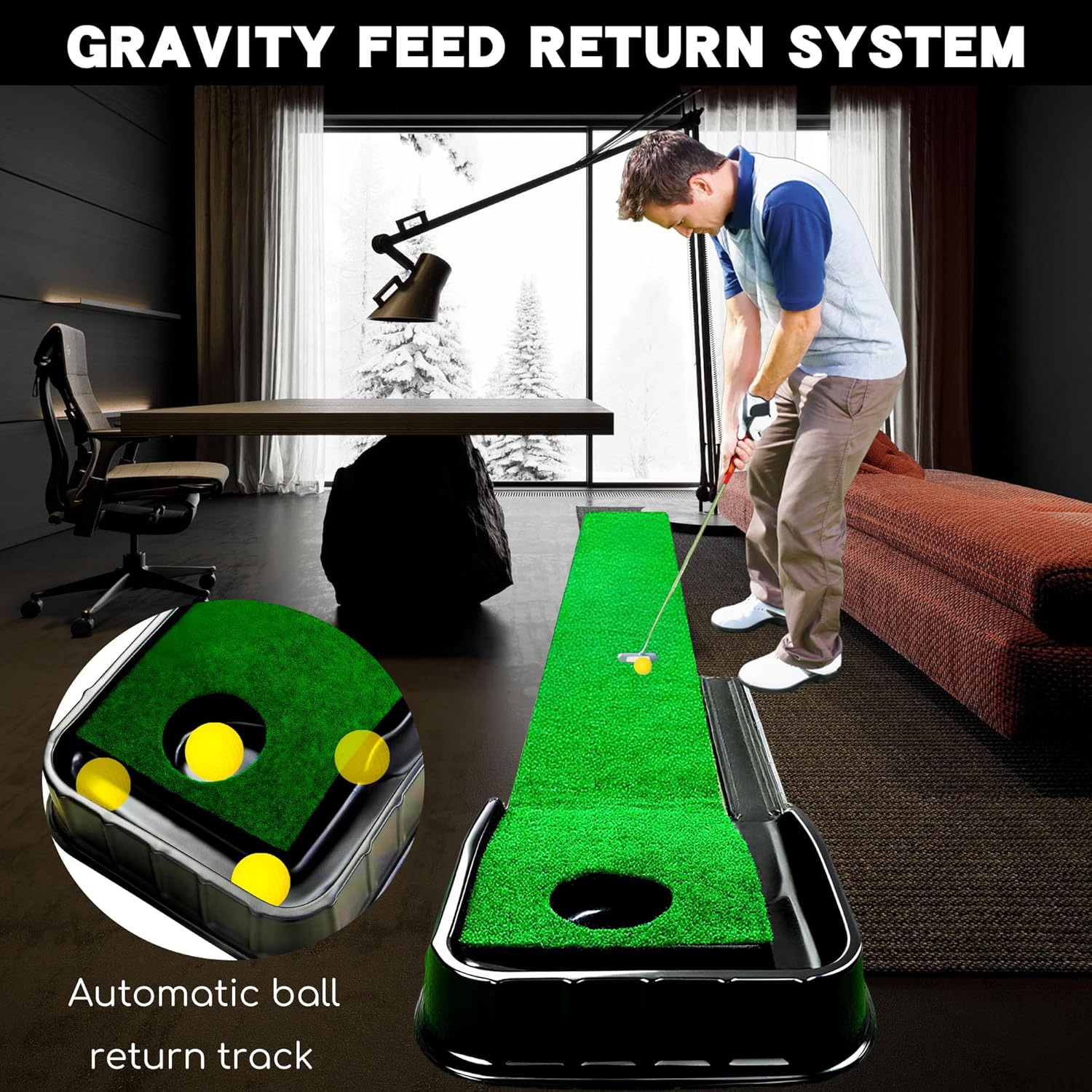 Golf Putting Mat Indoor - 86.61x11.81in Golf Practice Mat with Ball Return, Portable Indoor Putting Green for Home Office Backyard, Perfect for Beginners - Image 2