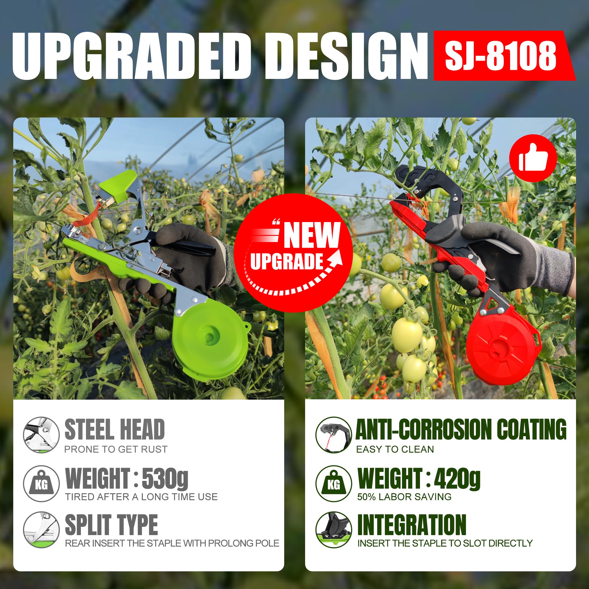 Legatrice per Piante Pomodori, 420g Macchina per Legare Le Piante per Pomodori Cetriolo Vigneto con 10000 pz Graffette 20 Rotoli Nastro Verde SJ-8108R