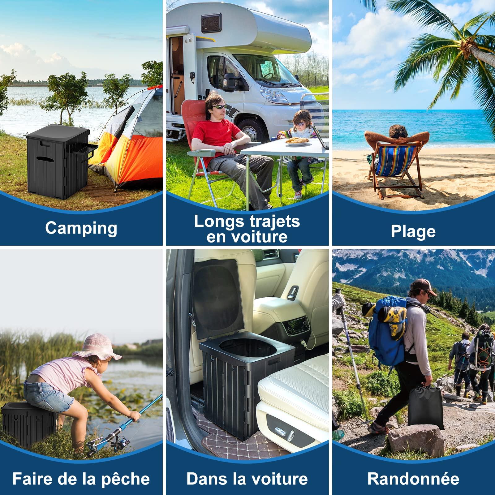 WADEO Toilettes de Camping Portables avec Porte-Mouchoir/Téléphone Portable et Urinateur, Toilettes de Camping Pliables pour Adultes, Convient pour Randonnée, Camping, Voyage, Embouteillage (Noir)