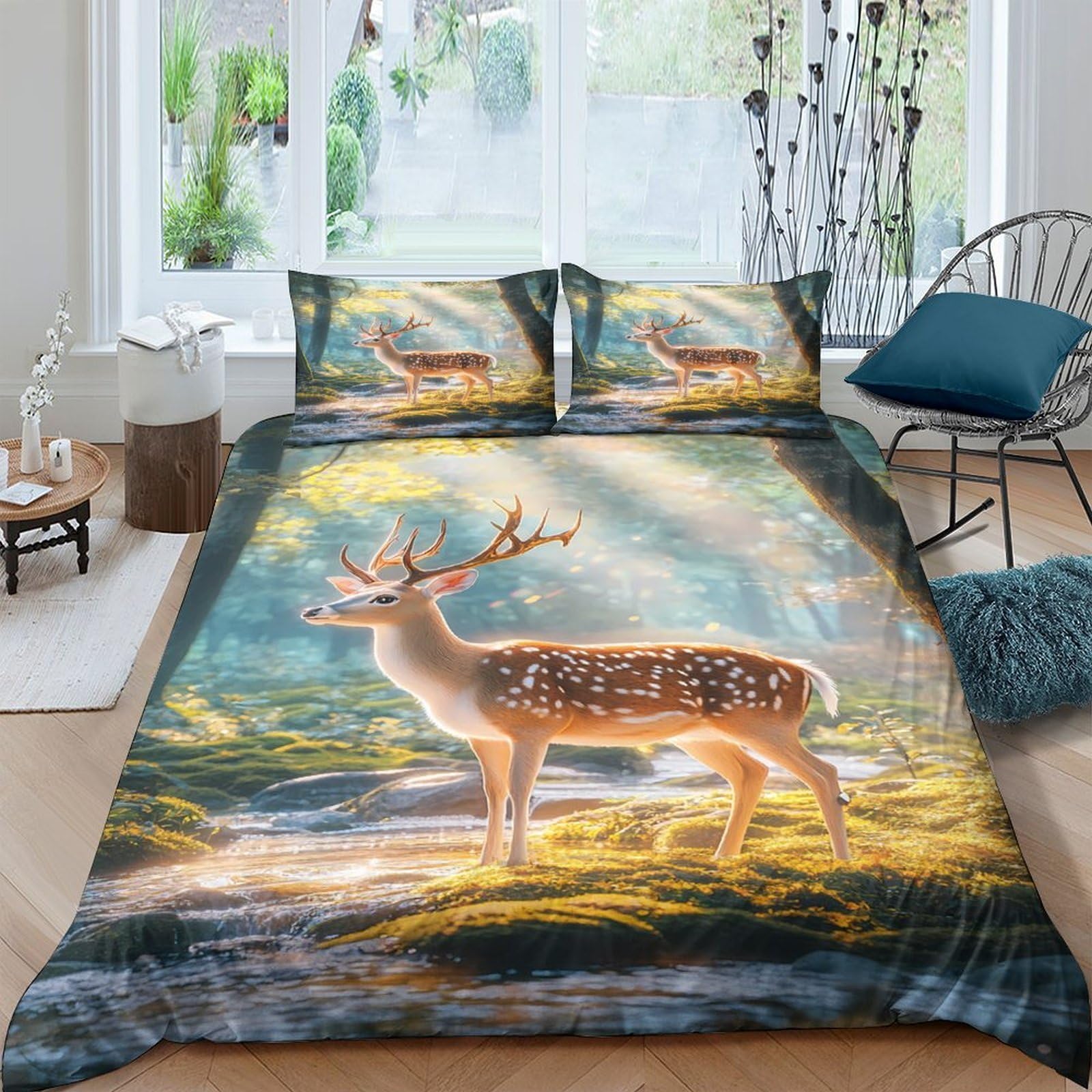 Ctjqhvkz Style-5 3D Printed Forest Deer Fitted Sheet Microfiber Non-Slip Woodland Sunrise Mattress Cover For Bedroom Guest Room Decor Single（135X200cm）