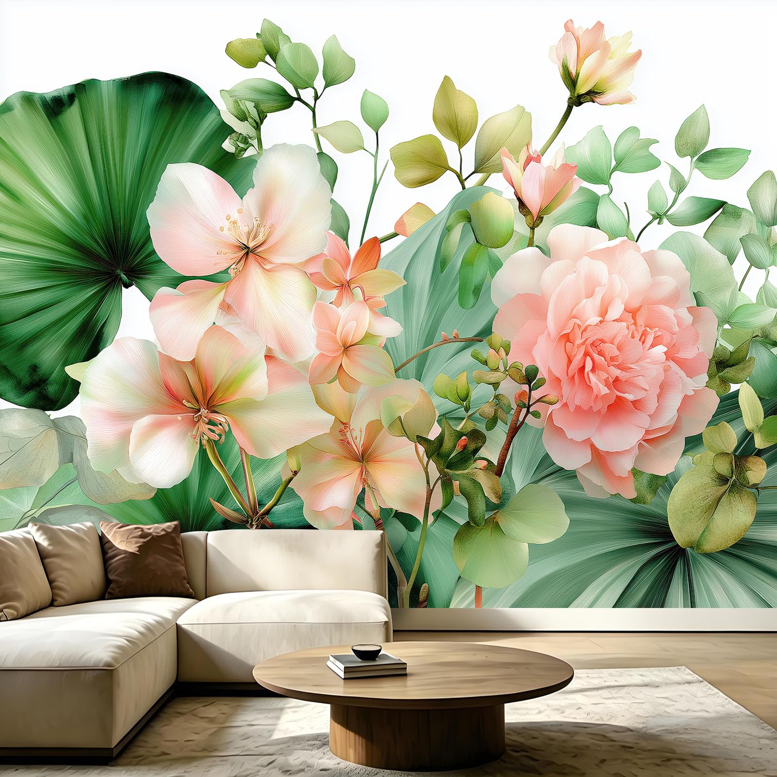 Carta da parati fotografica in tessuto non tessuto, acquerello, scandinavo, piante tropicali, effetto 3D, fantasiosa carta da parati da parete per camera da letto e soggiorno, 300 x 210 cm, colore