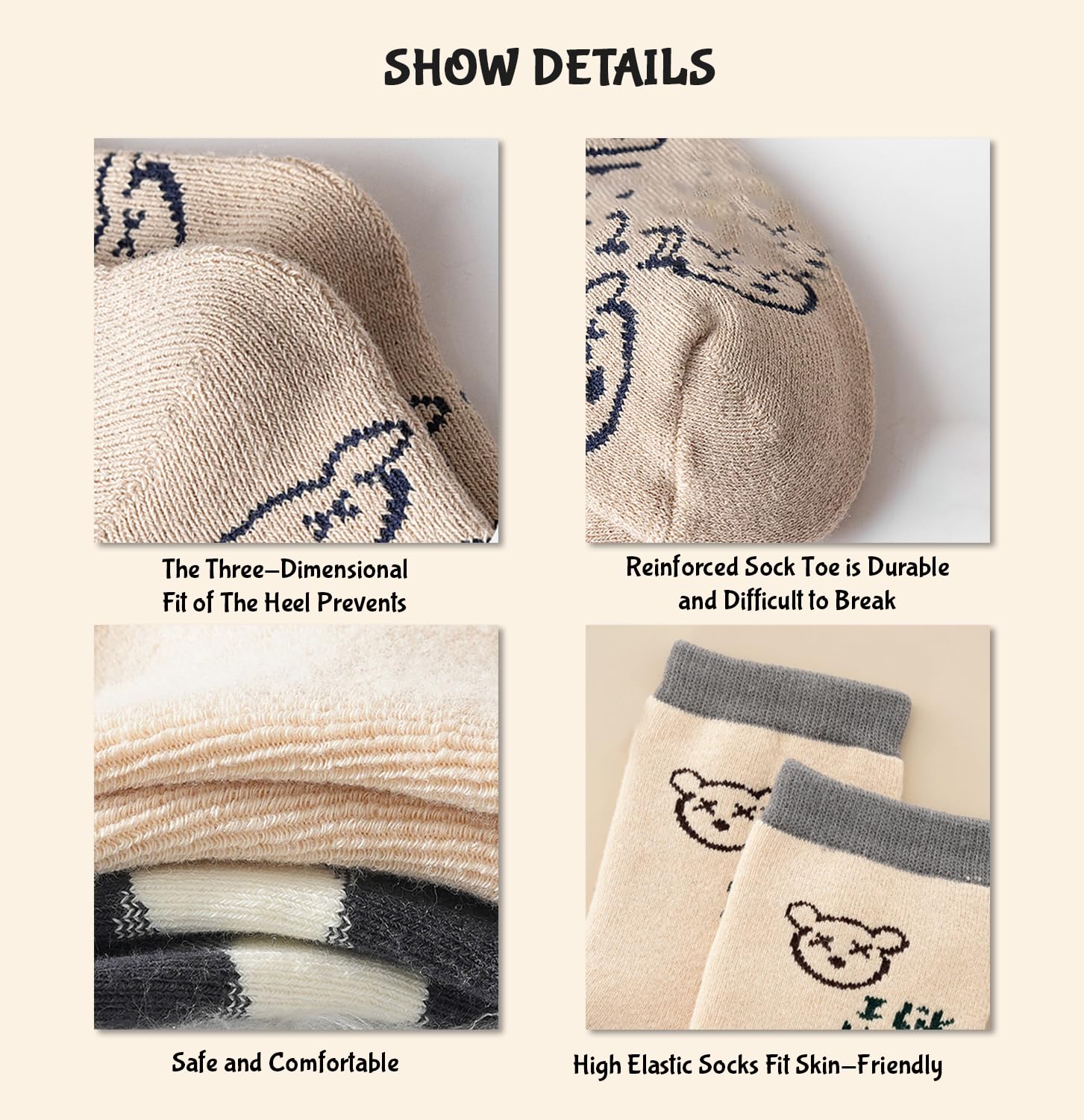 SYGA 5 Pairs Baby Socks, Toddlers Infant Cotton Stretch Crew Socks with Diamond Bear Design, Suitable for 0-2 Years baby 4