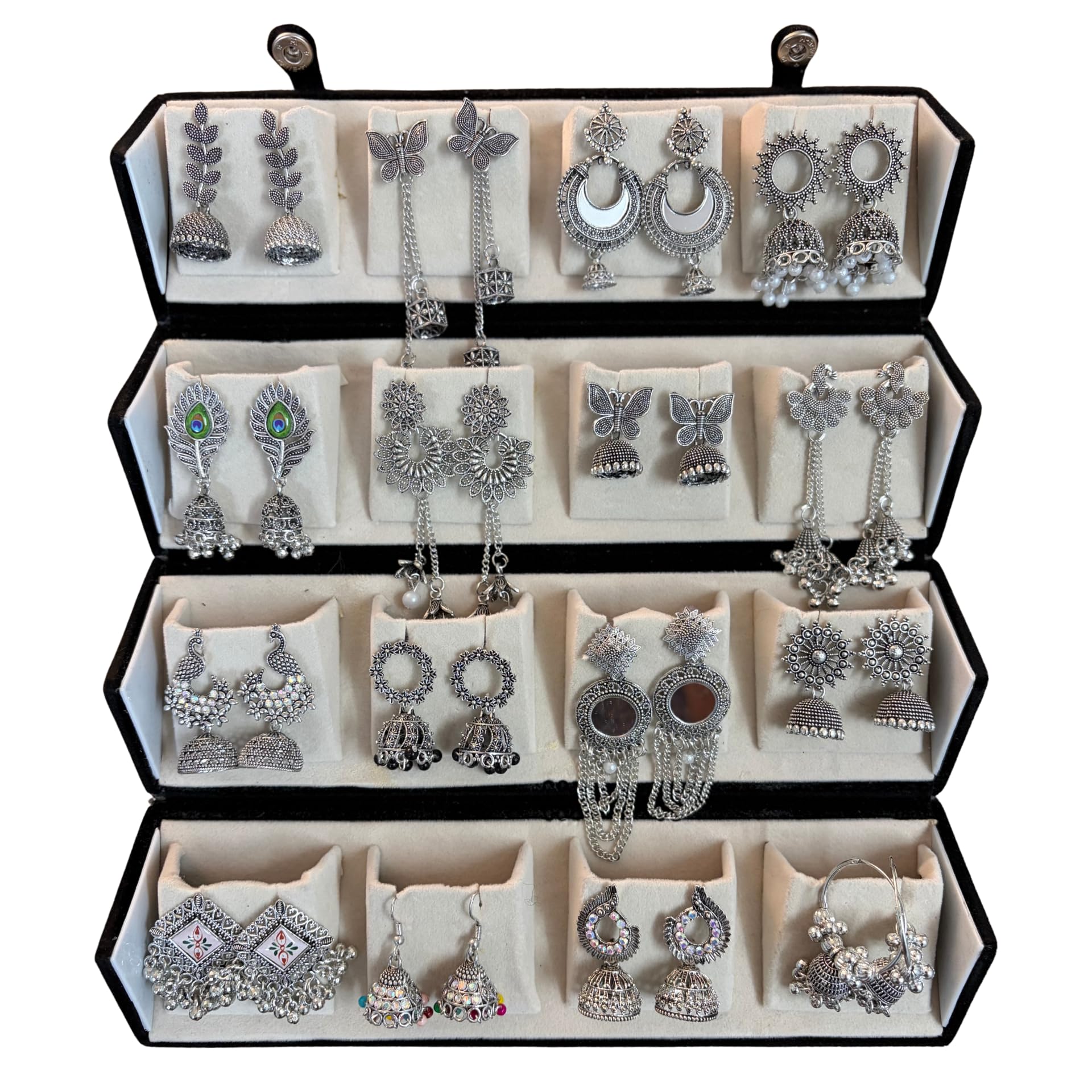 Oxidised Silver Jhumki Earrings Gift Hamper | Set of 16 Traditional Jhumkas with Folder-Style Jewellery Organizer | Ethnic Earrings Combo for Women & Girls | Perfect for Festive & Wedding Gifting