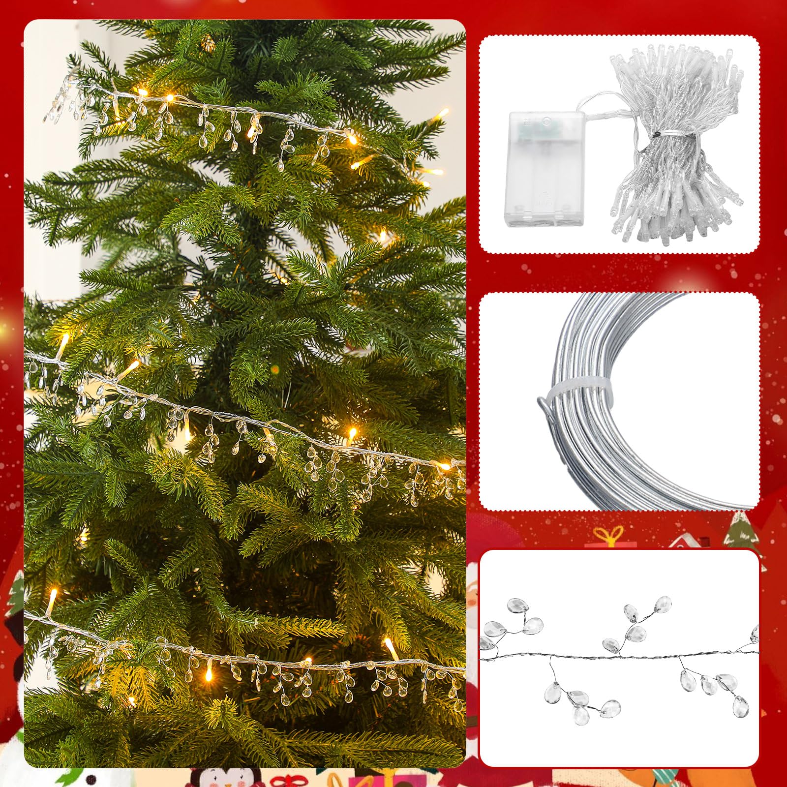 Tuanse Guirlande Lumineuse pour Sapin de Noël de 10 m avec 100 lumières LED à Piles à Suspendre avec Fil métallique Pliable pour Sapin de Noël, Couronne de Mariage, décoration de fête de Mariage