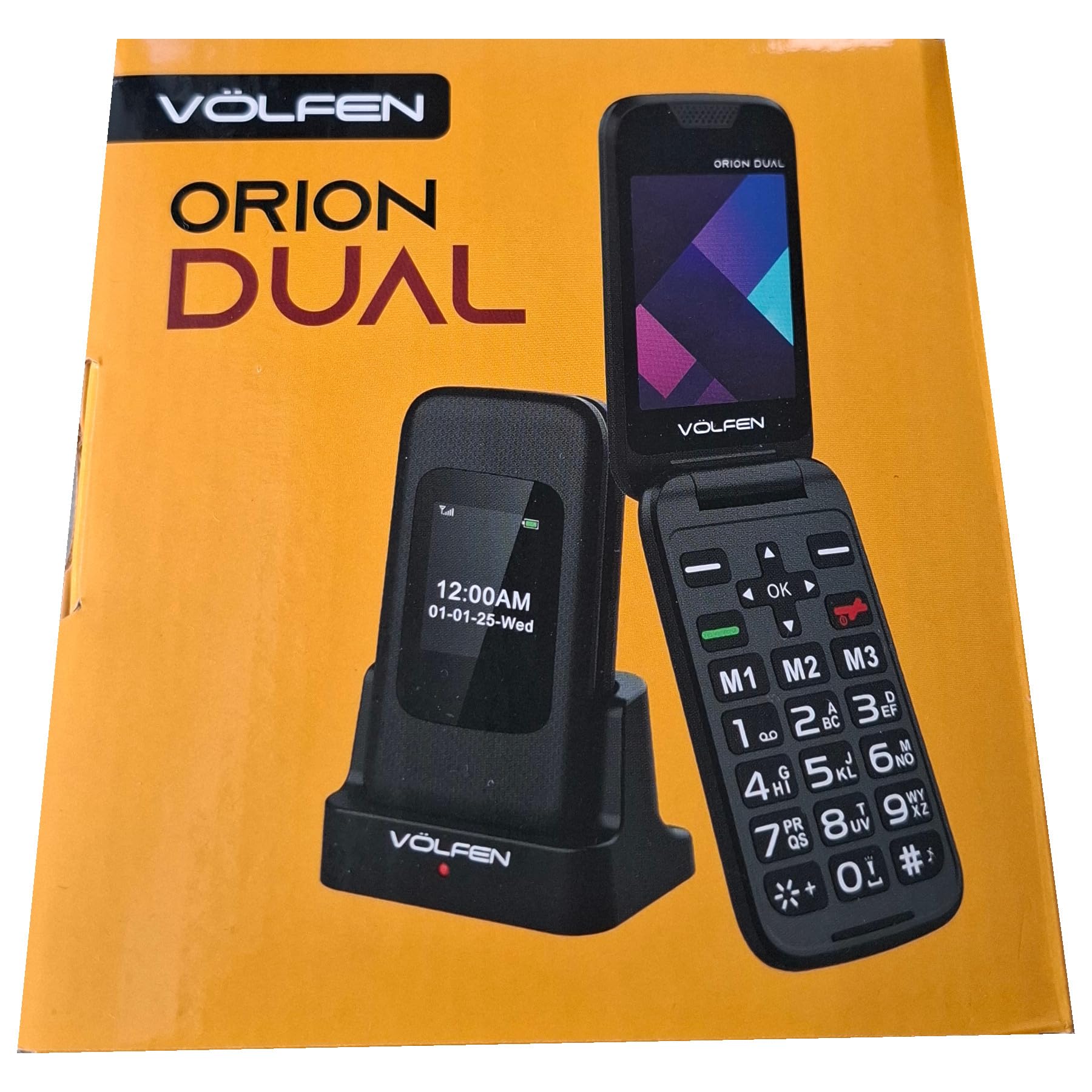 Orion Dual - Teléfono móvil de Tapa para Personas Mayores de Doble Pantalla, Botones y Teclas Grandes, fácil de Usar, USB-C, 3 memorias directas, Base de Carga (Negro)