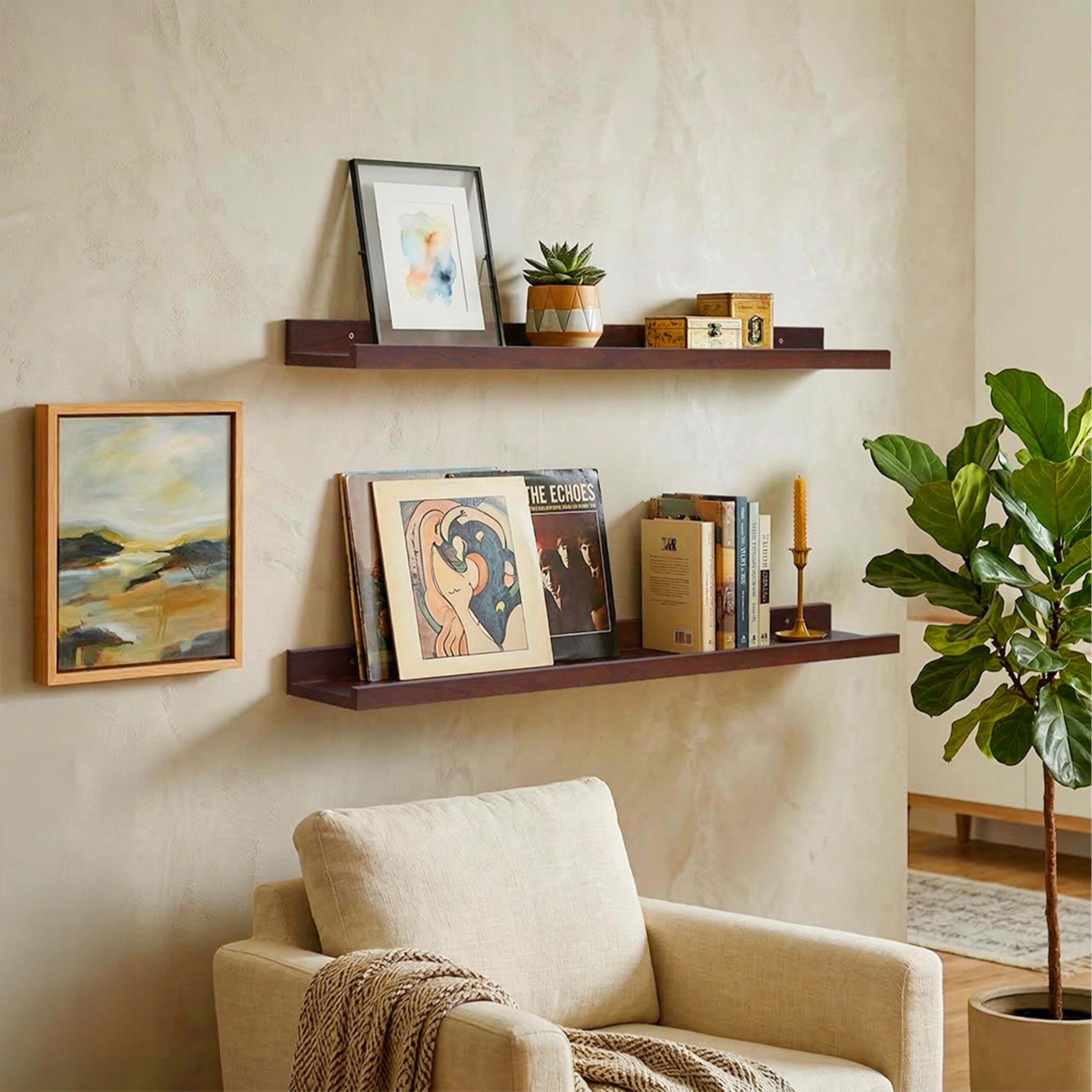 Relaxdays mensola da Parete, A x L x P: 5 x 100 x 15 cm, Legno di Noce, per cornici e Decorazioni, Marrone Scuro