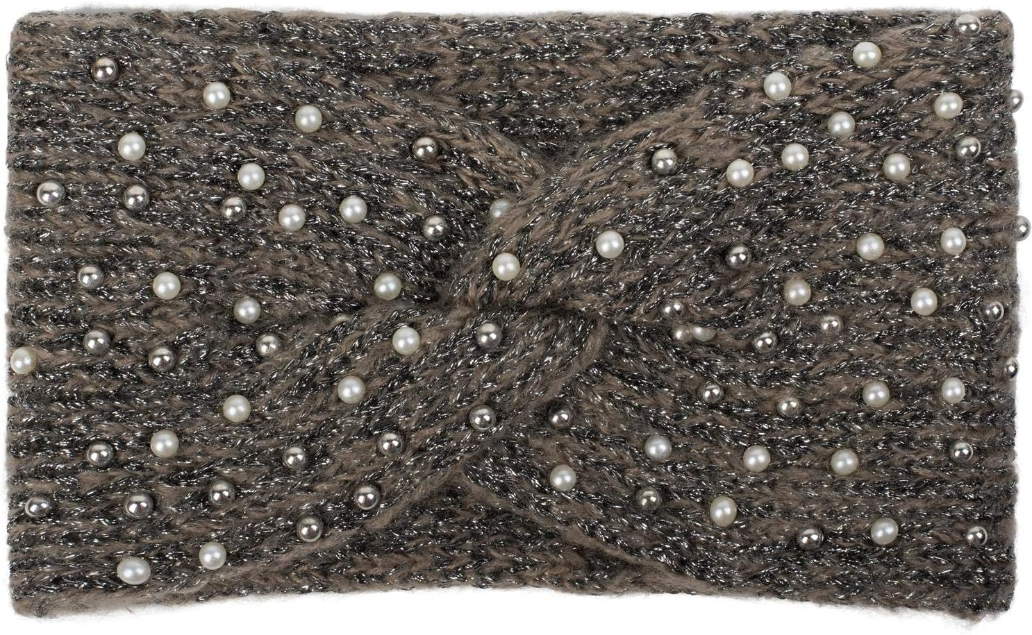 styleBREAKER women knit headband with pearls, metallic yarn and knot, hairband, headband 04026029, color:Brown-Black