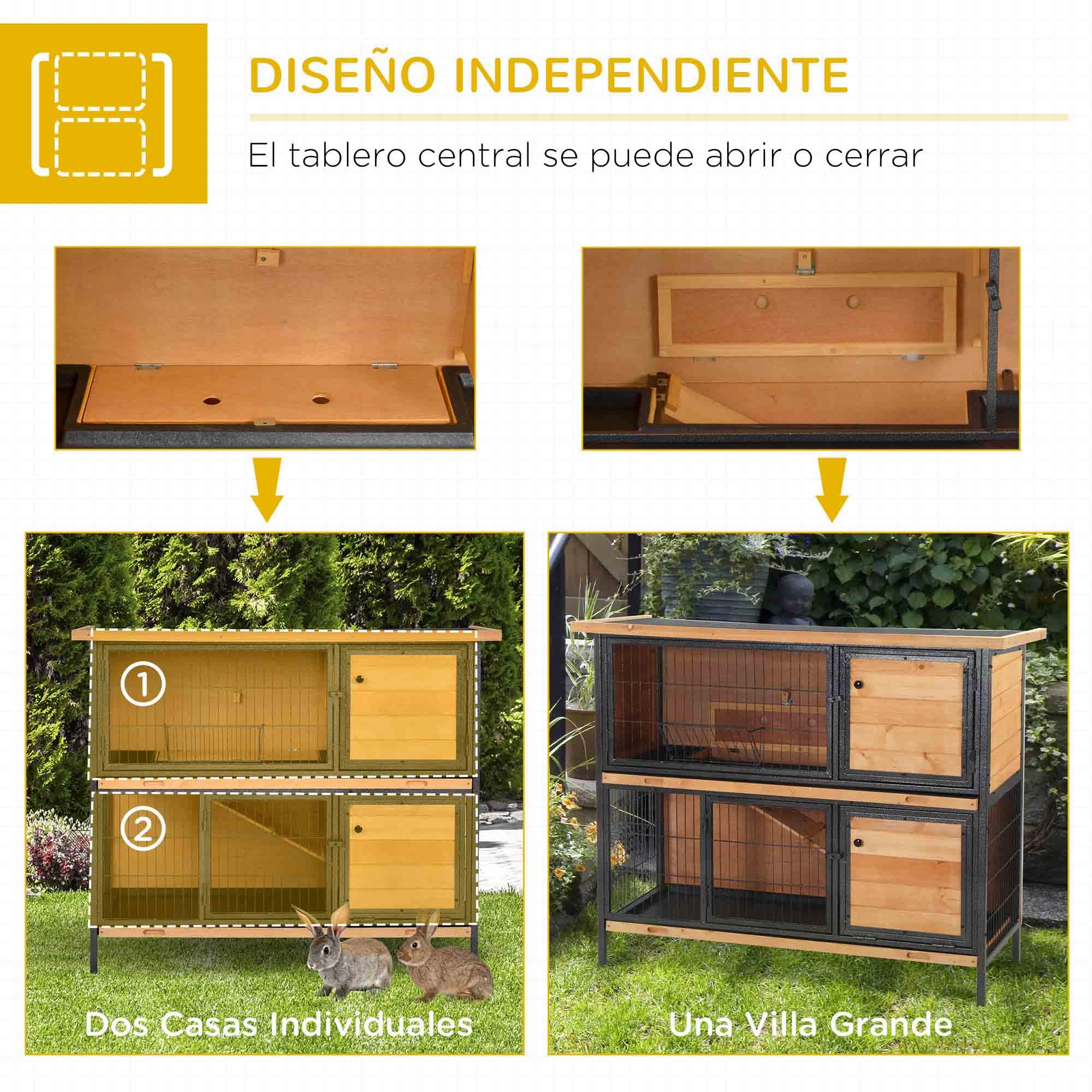 PawHut Conejera de Madera de 2 Niveles Jaula para Conejos con Techo Asfáltico Abatible Puertas con Pestillo Bandejas Extraíbles y Rampa Conejera para Exterior 122x50x101 cm Natural y Negro