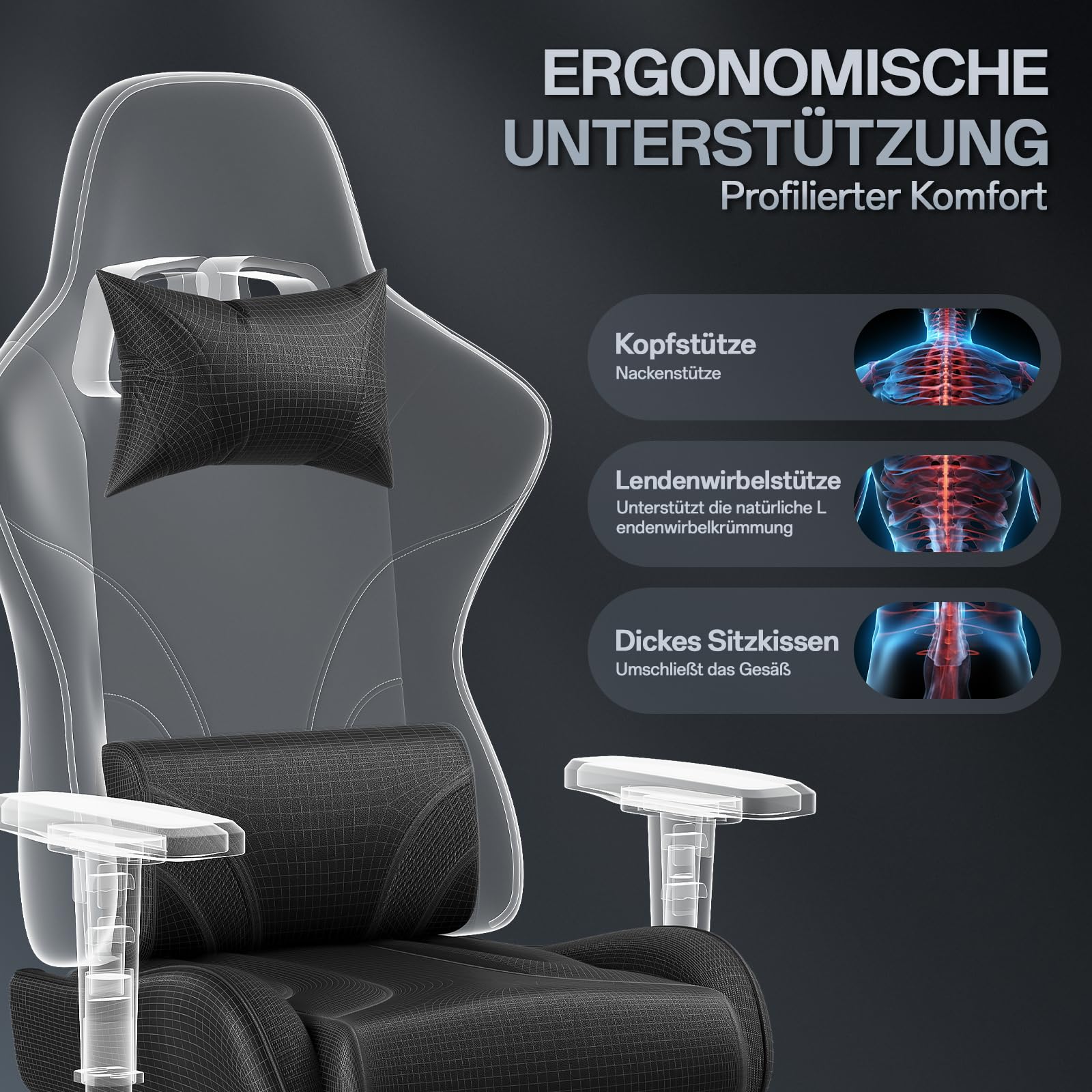JUMMICO Sedia da gioco con braccioli regolabili in 2D, ergonomica, con poggiapiedi, portata 150 kg, colore: nero