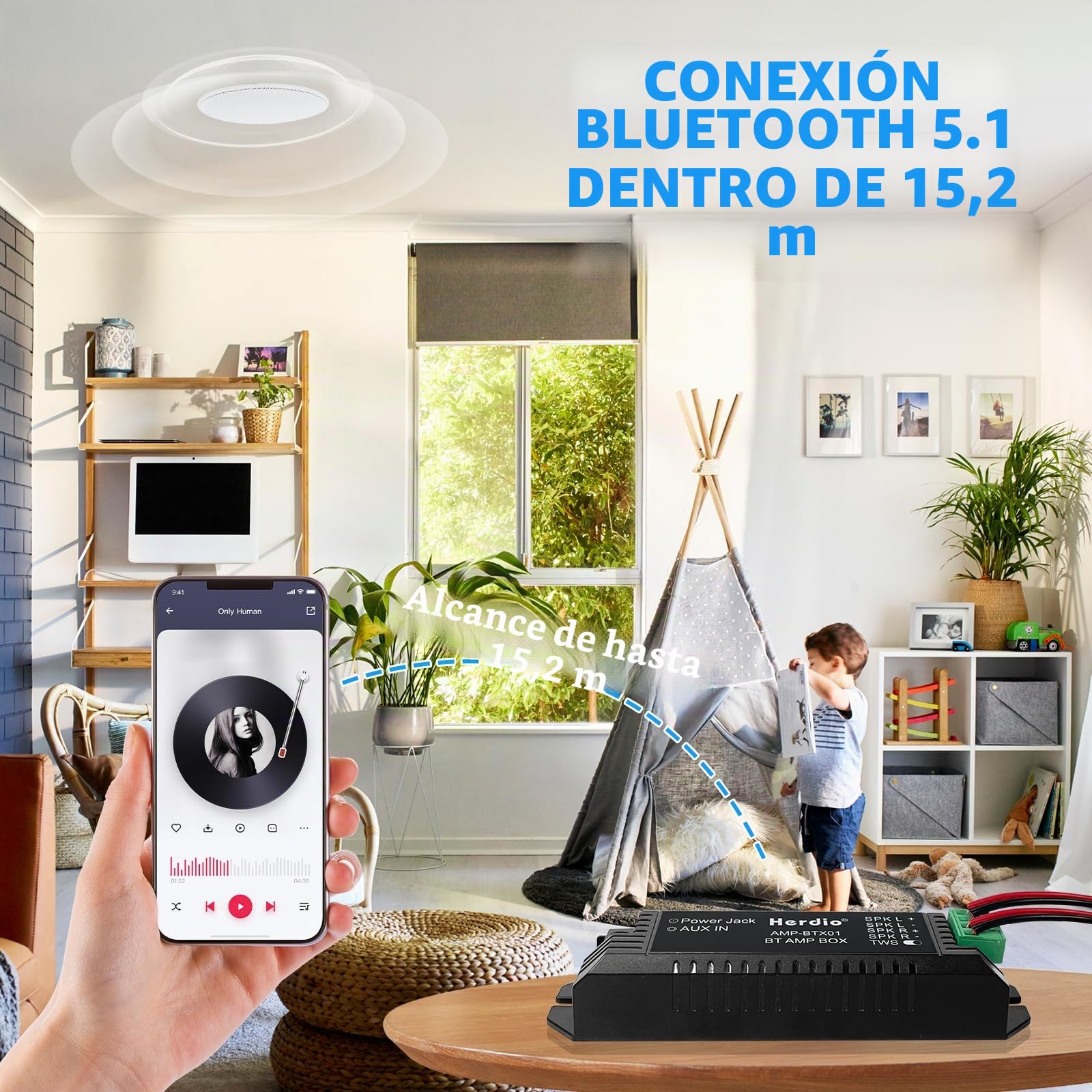 Herdio Bluetooth Home Audio Amplificador 2.0 Canales Sistema Receptor para Altavoces Pasivos con AUX TWS Adecuado para Techo Cine en Casa Marina Garaje Exterior Interior