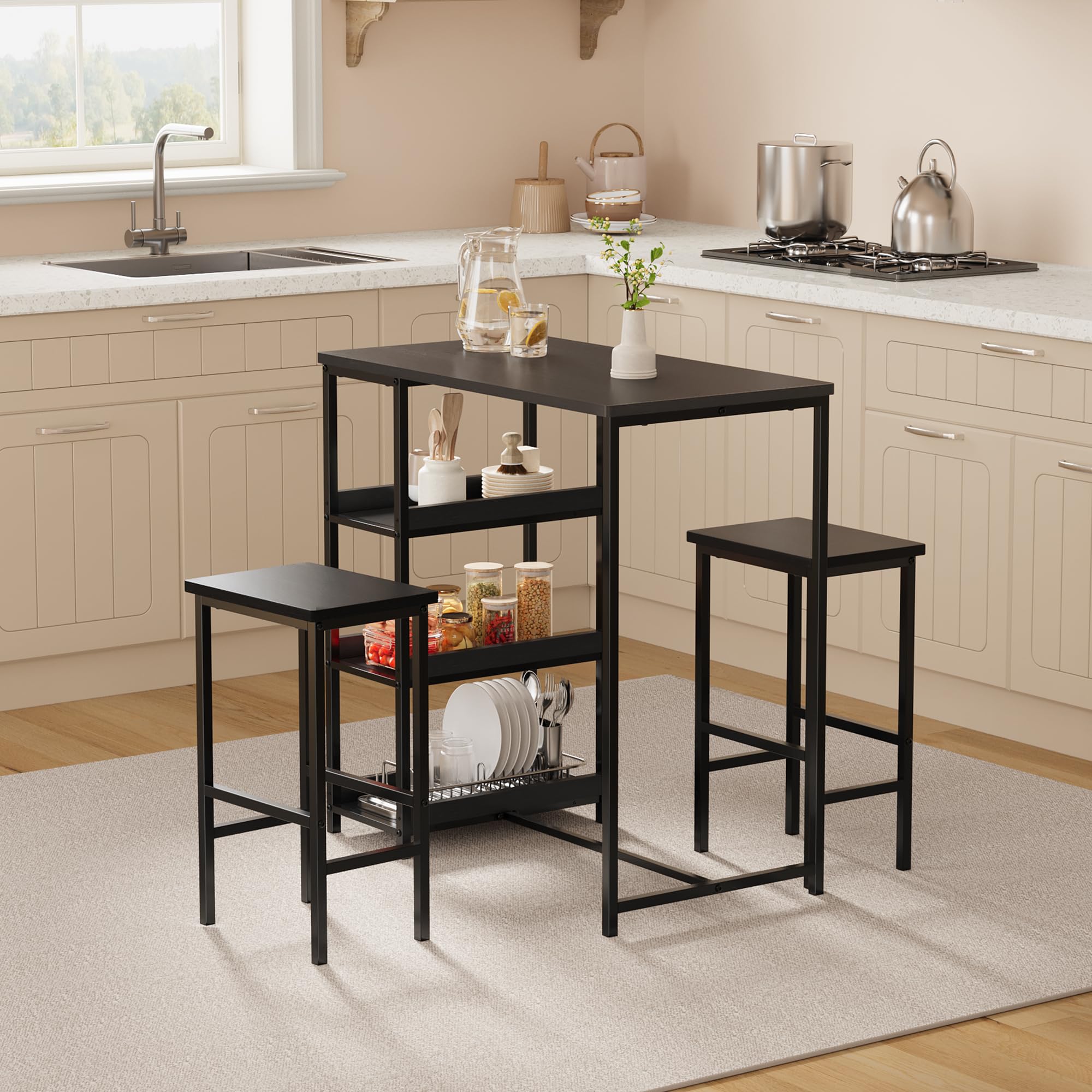 3-teiliges Esszimmer-Set – Moderner Esstisch mit Metallgestell & Holzoptik, 2 Barhockern, Ablagefächern, platzsparend für Küche, einfache Montage, Schwarz, Black Tube + Black Wood Grain