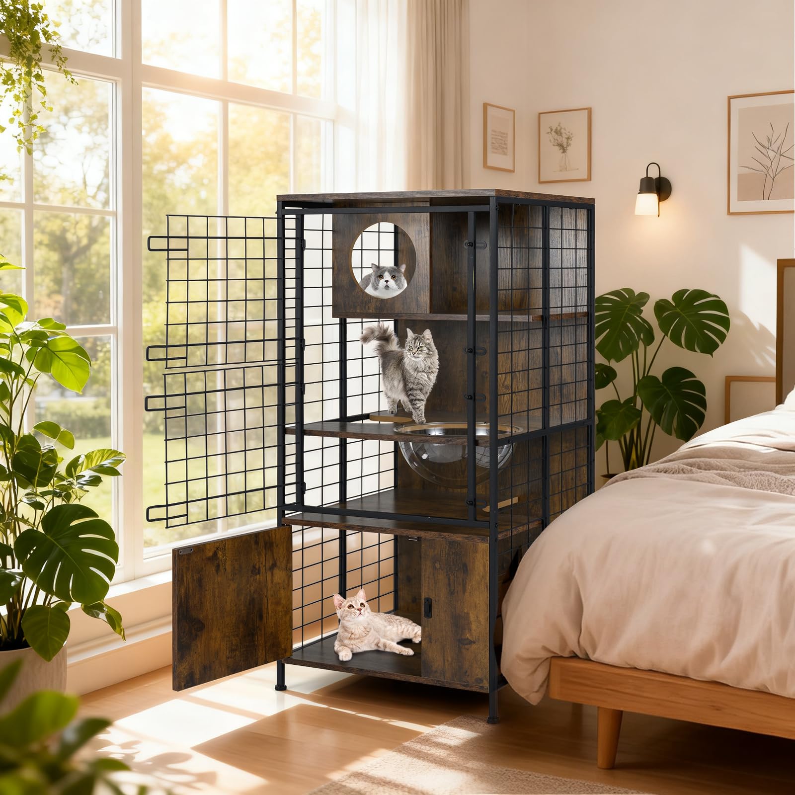COSTWAY Grand Cage Chat à 4 Niveaux, Enclos pour Chats en Fil, 3 Plateformes, Capsule, Meuble de Rangement Bas, Portes Verrouillable, Patins Réglables, pour Lapin Écureuil, 60 x 60 x 125 cm