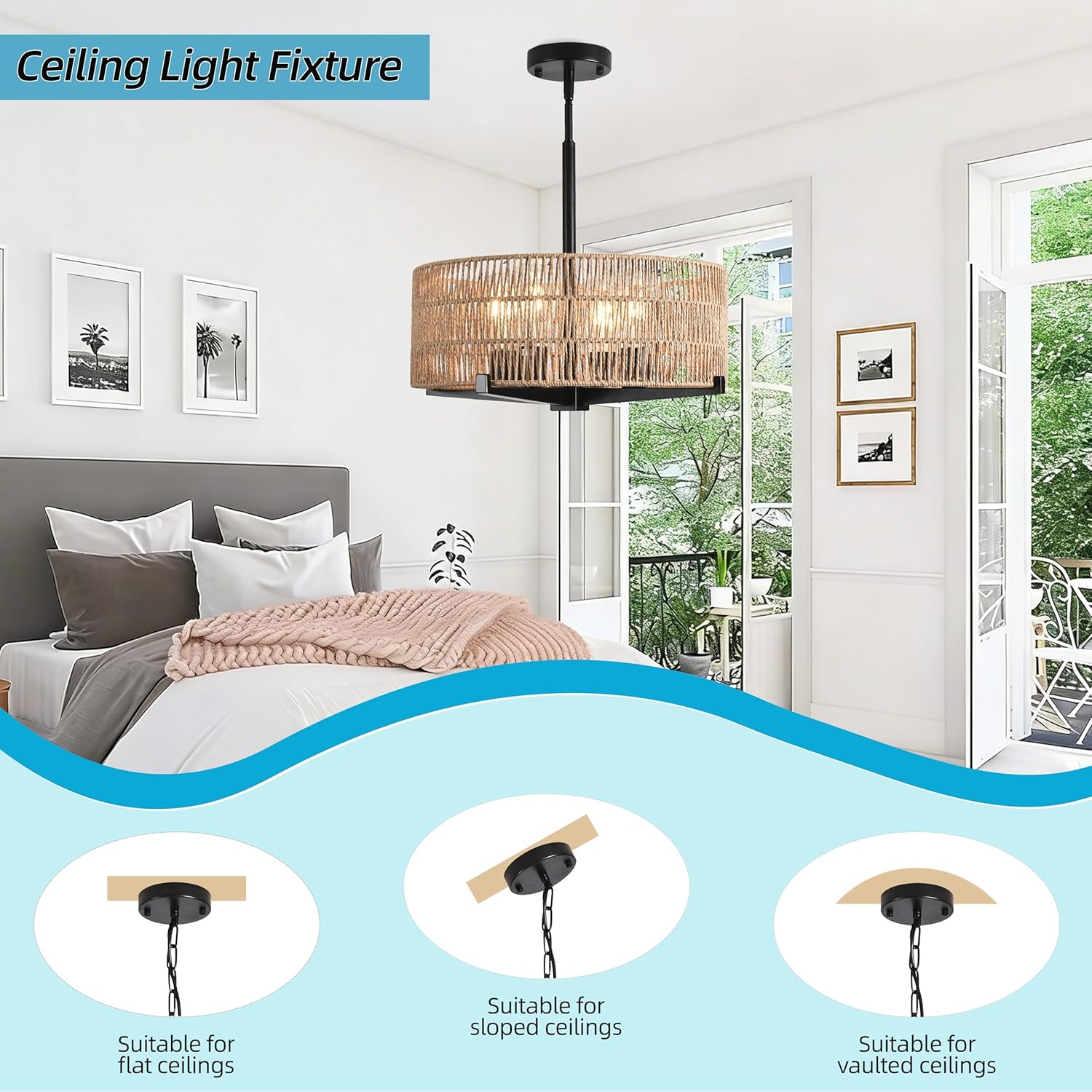 4-Light Boho Light Fixtures 17.7" Rattan Pendant Light Rustic Farmhouse Chandelier for Dining Flush Mount Ceiling Hanging Light Fixture for Hallway Entryway Kitchen Island