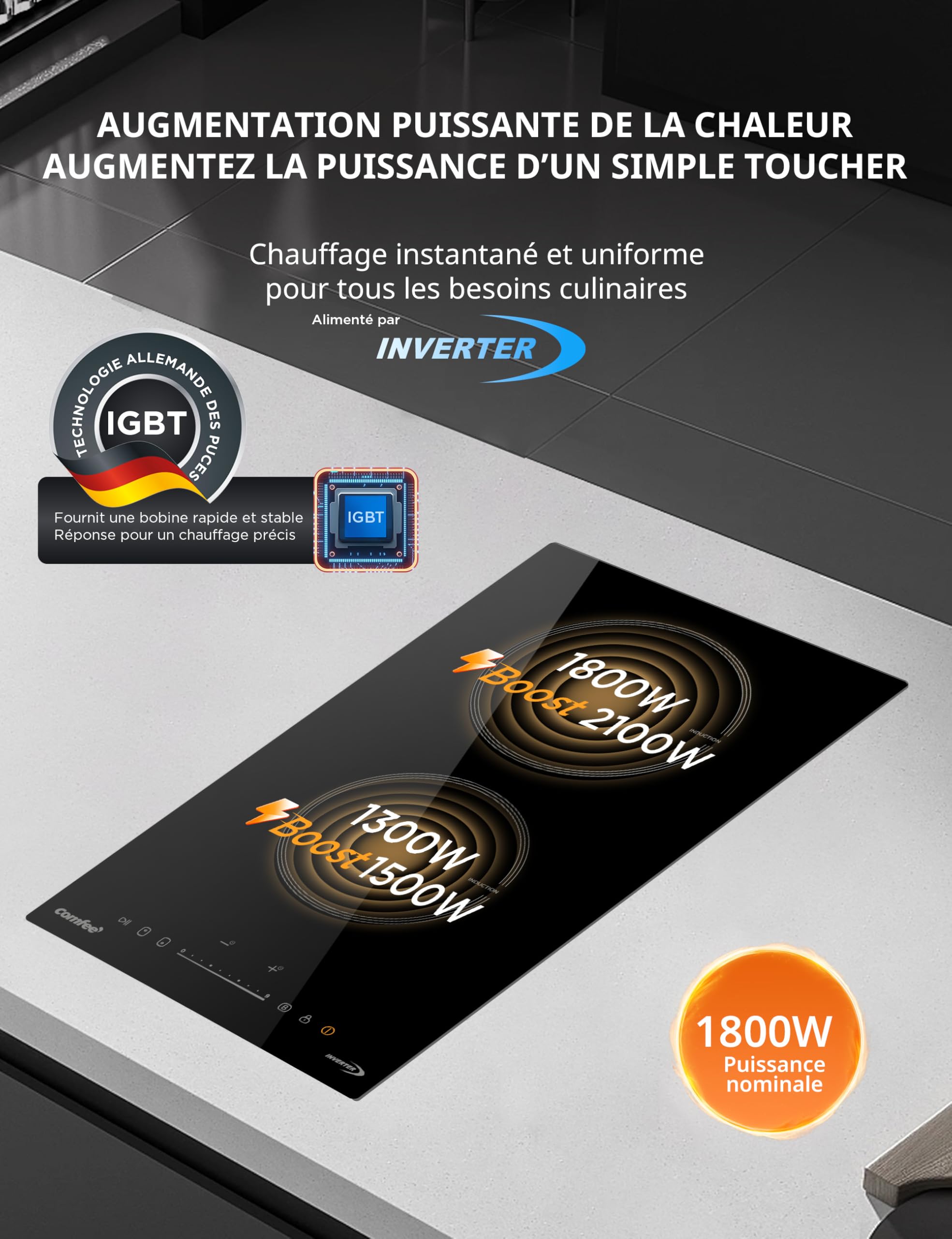 COMFEE' CIH351D257K0 Table de Cuisson à Induction Encastrable 2 Zones, 9 Niveaux de Puissance, Fonction Boost, Commande Tactile