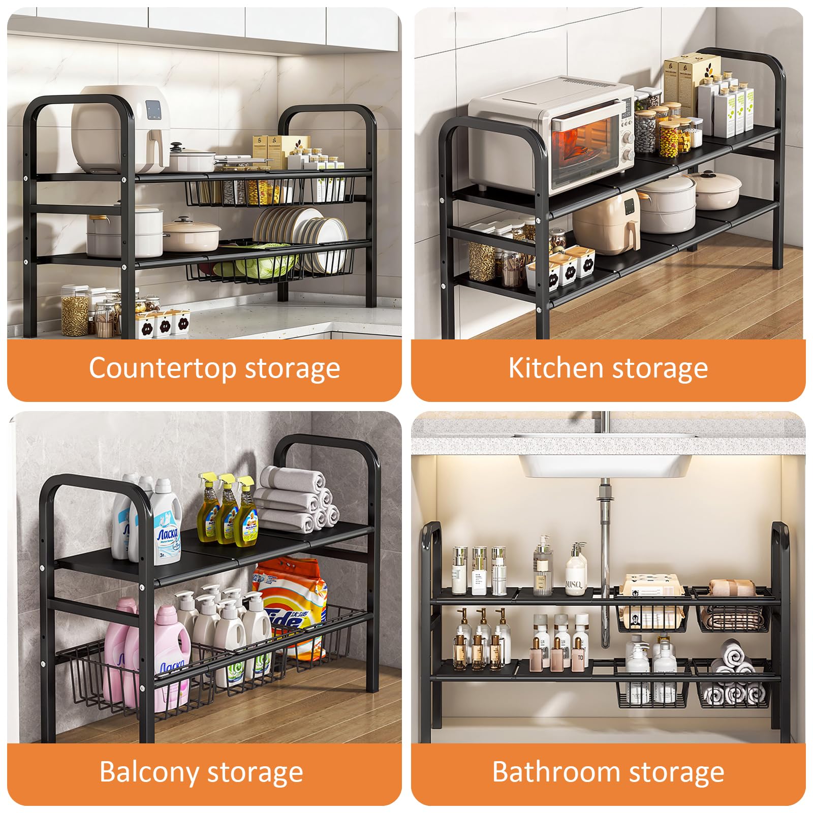 Organizer per armadio a 2 ripiani, regolabile in altezza, larghezza estensibile (68-91 cm), con 4 cesti rimovibili, pareti laterali rimovibili, organizer per armadio per cucina e bagno