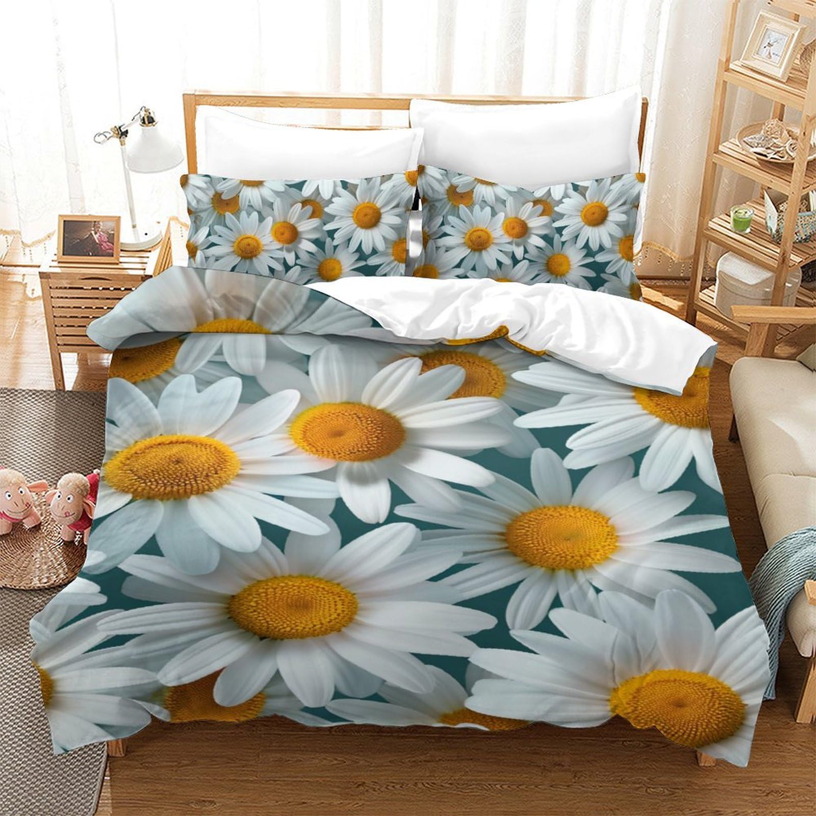 Housse de couette chrysanthème 3D anti-plis en microfibre pour lit 1 personne