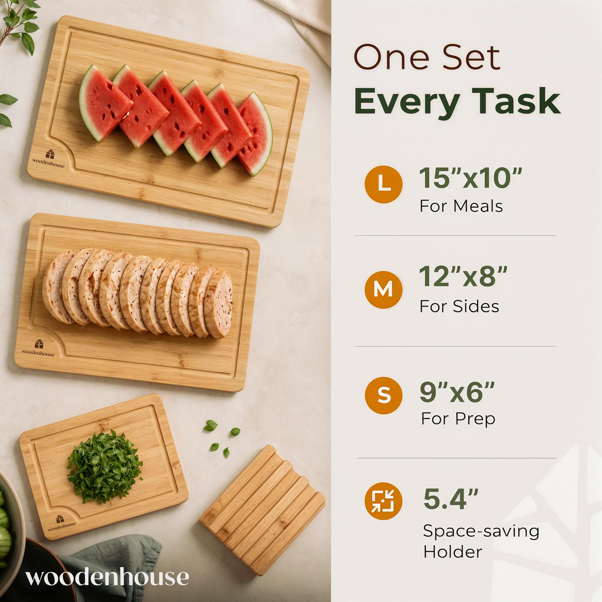 Set di 3 taglieri in bambù per cucina, con supporto e scanalature per succhi | Spessa e resistente con manici integrati, ampia superficie, facile da pulire per carne, verdura e frutta