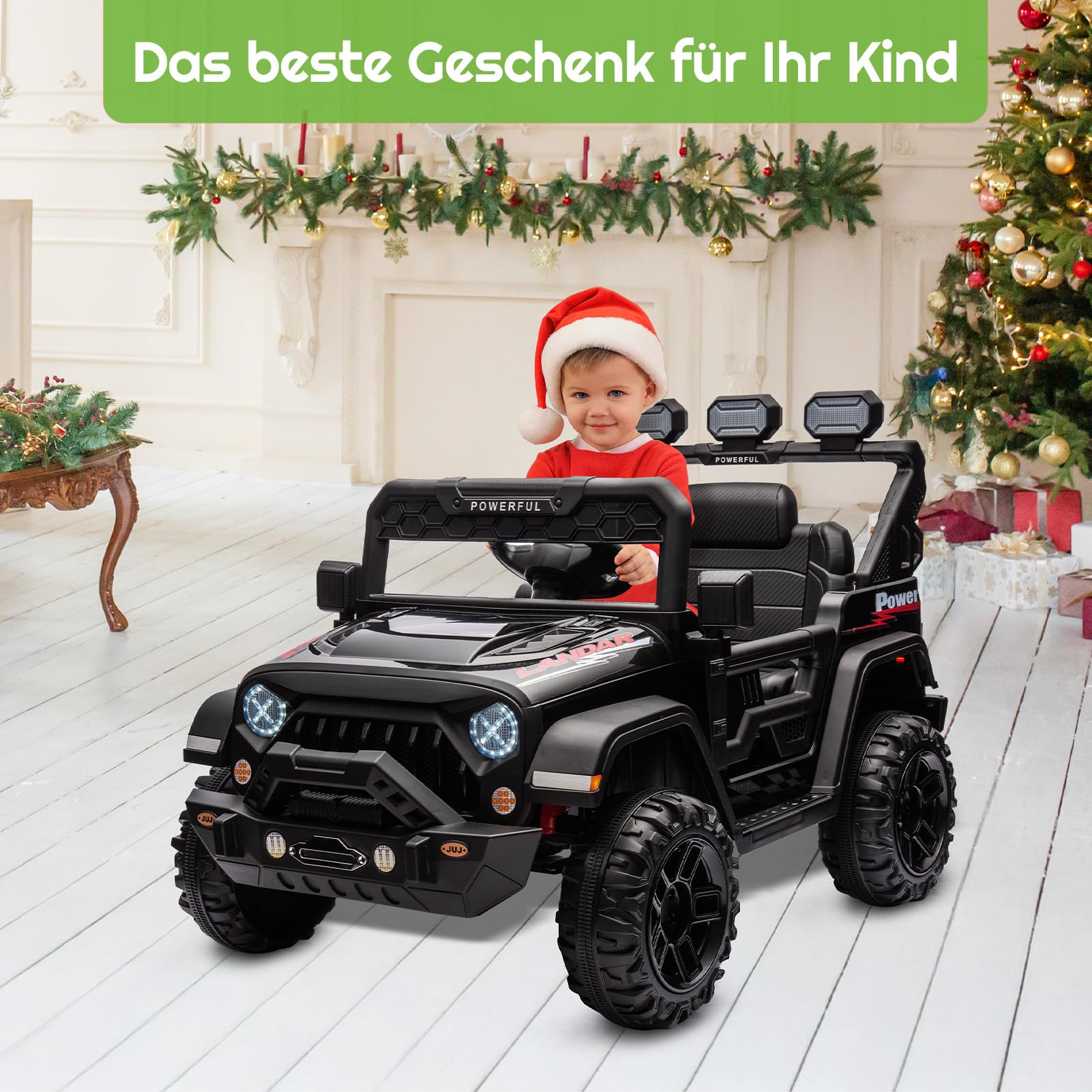 Kinder Elektroauto mit Verbesserter Akku 12V 7AH, Elektrofahrzeuge 3-Gang - 2 Betriebsmodi mit 2,4G-Fernbedienung, LED-Lichter, Bluetooth, Sicherheitsgurten für Kinder von 1-8 Jahren (Schwarz)
