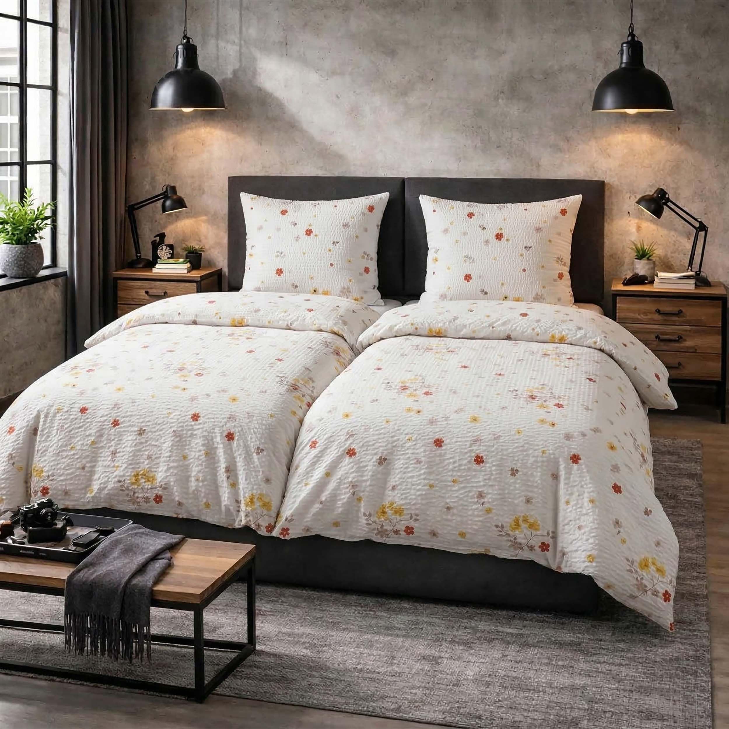 Seersucker Bettwäsche 135x200 cm Weiß Blumenmuster – Bettwäsche-Set aus 100% Baumwolle – Atmungsaktiv & Trocknergeeignet