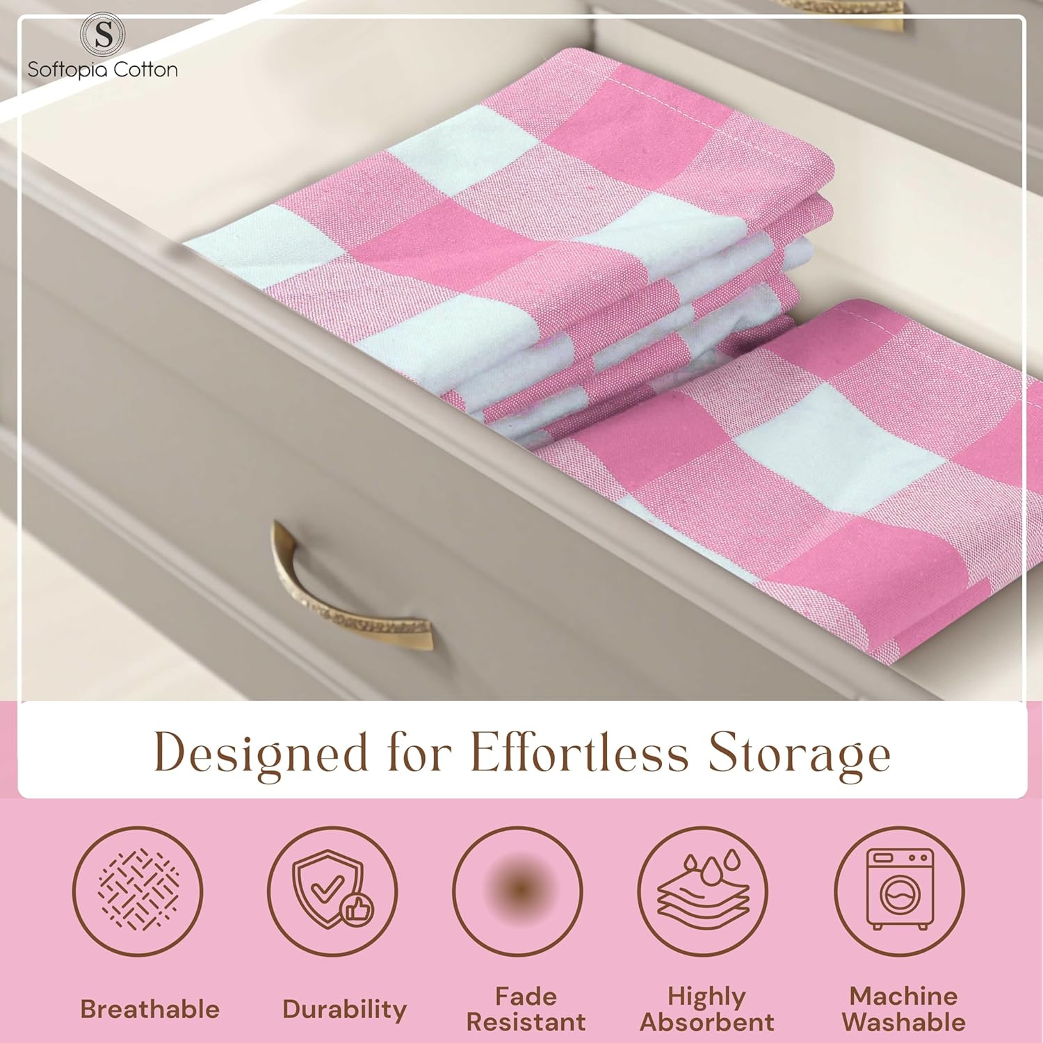 Buffalo Check 12 Pack Kitchen Towels, 16"x26", Plaid Dish Towels, 100% Cotton, Absorbent, Washable, Everyday Kitchen Essentials, Soft Cloths for Cleaning, Drying Hands, Pink White
