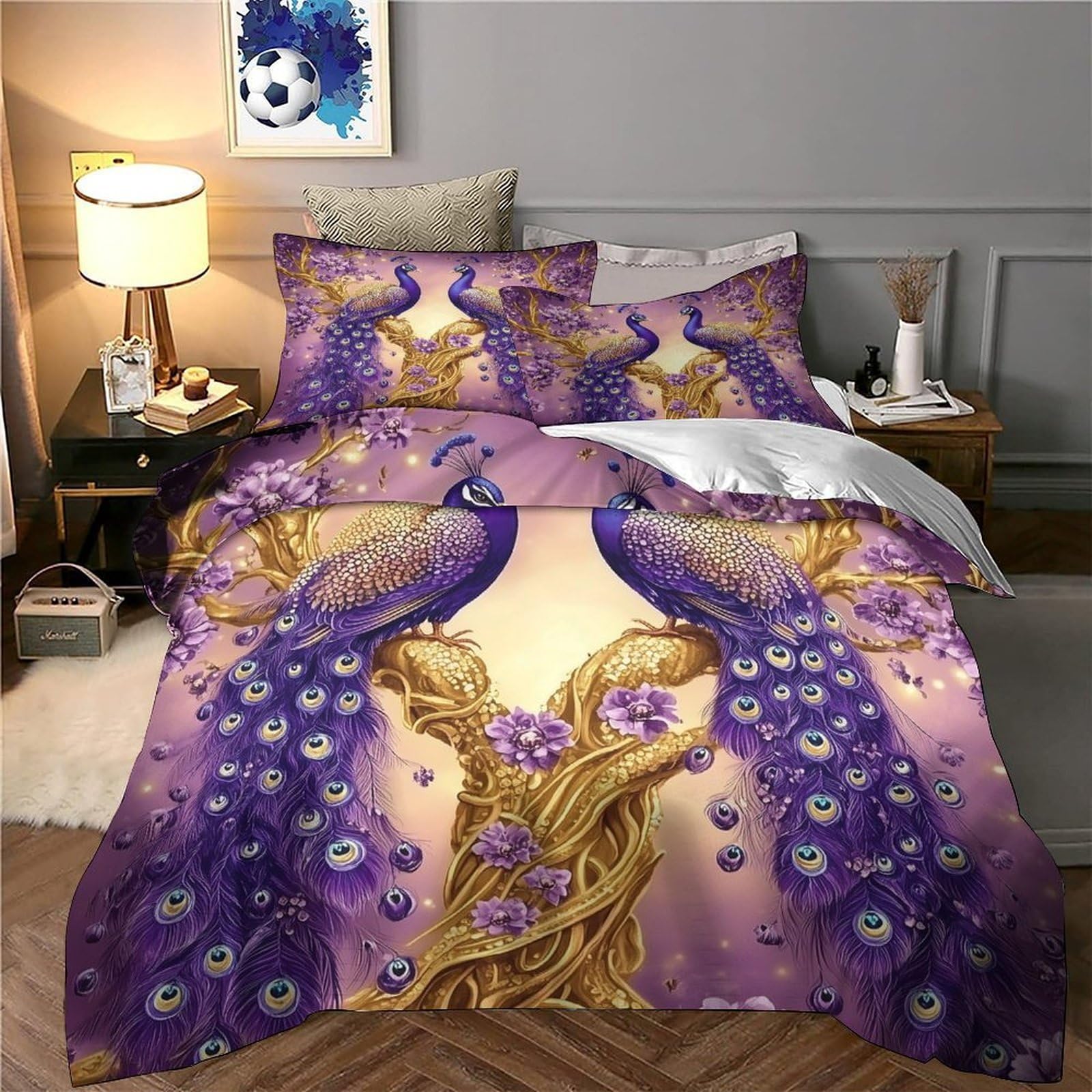 Purple Peacocks Set Di Copripiumino morbida microfibra 3 Pezzi stampa 3D con federa Fantasia Set Di Copripiumino cerniera ariosa morbido for ragazze King（220x240cm）