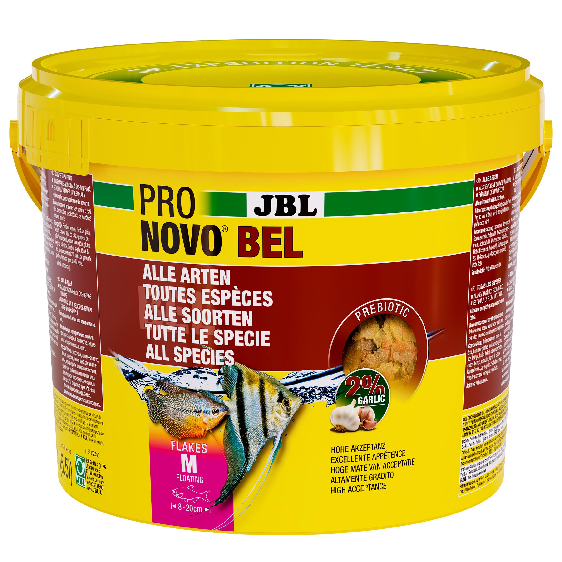 JBL PRONOVO BEL Flakes, alimento Principal para Todos los Peces de Acuario de 8 a 20 cm, Copos de Comida para Peces, Talla M, 5,5 l