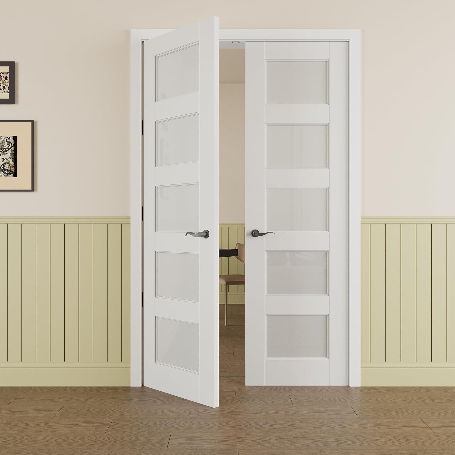 Prehung French Door 56" x 80" (2x28 in), Tempered Frosted Glass Door Slabs with Jamb, Black Hinges, 4 Levers & Latch, Solid Core Interior Door, Pre-Finished & Paintable, MDF Double Doors Interior