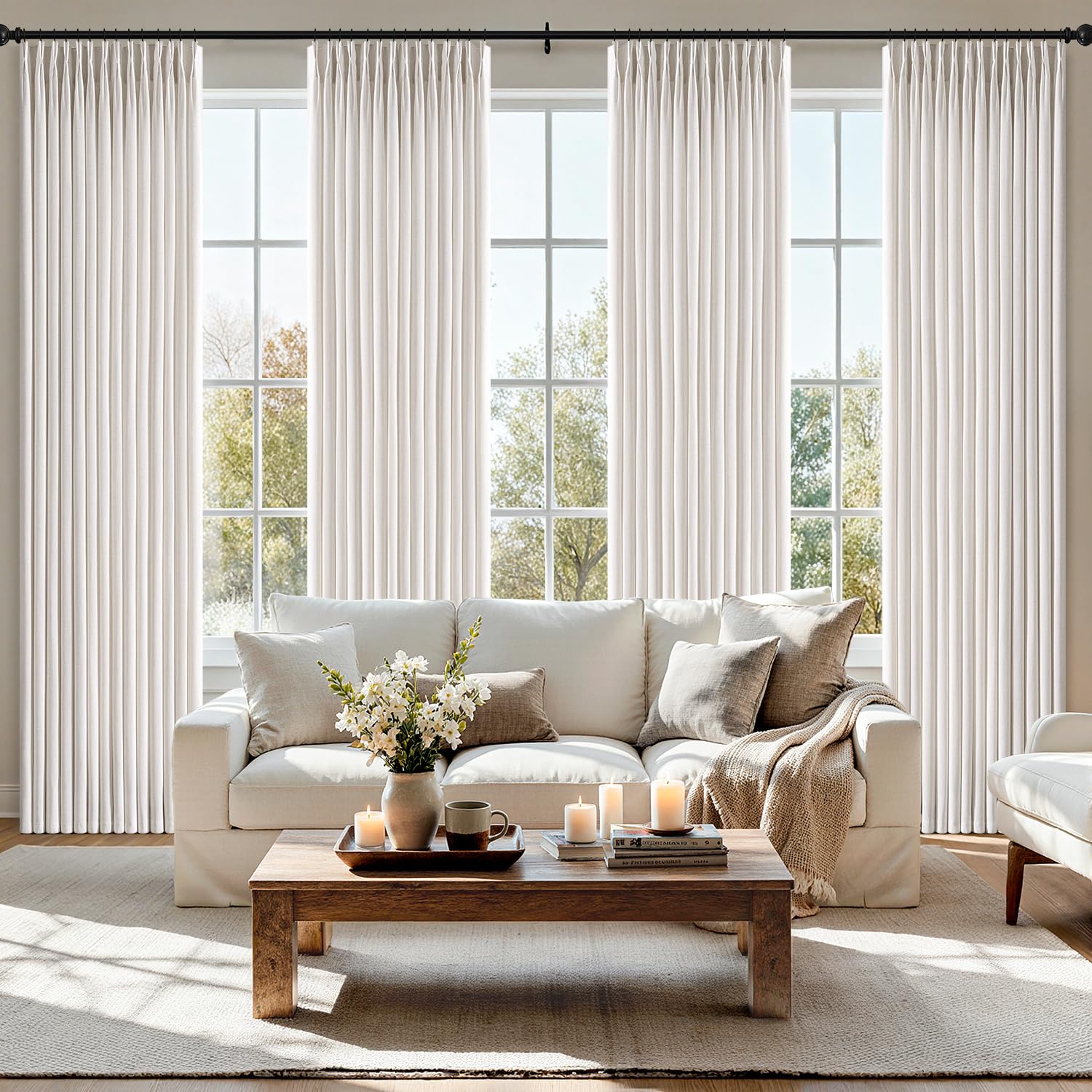 Photo 1 of MIULEE Pinch Pleated Thick Linen Curtains 96 Inch 4 Panels Set Back Tab Memory Trained Pinch Pleat Semi Sheer Light Filtering Curtains Let Light in Window Drapes for Living Room Bedroom Beige White