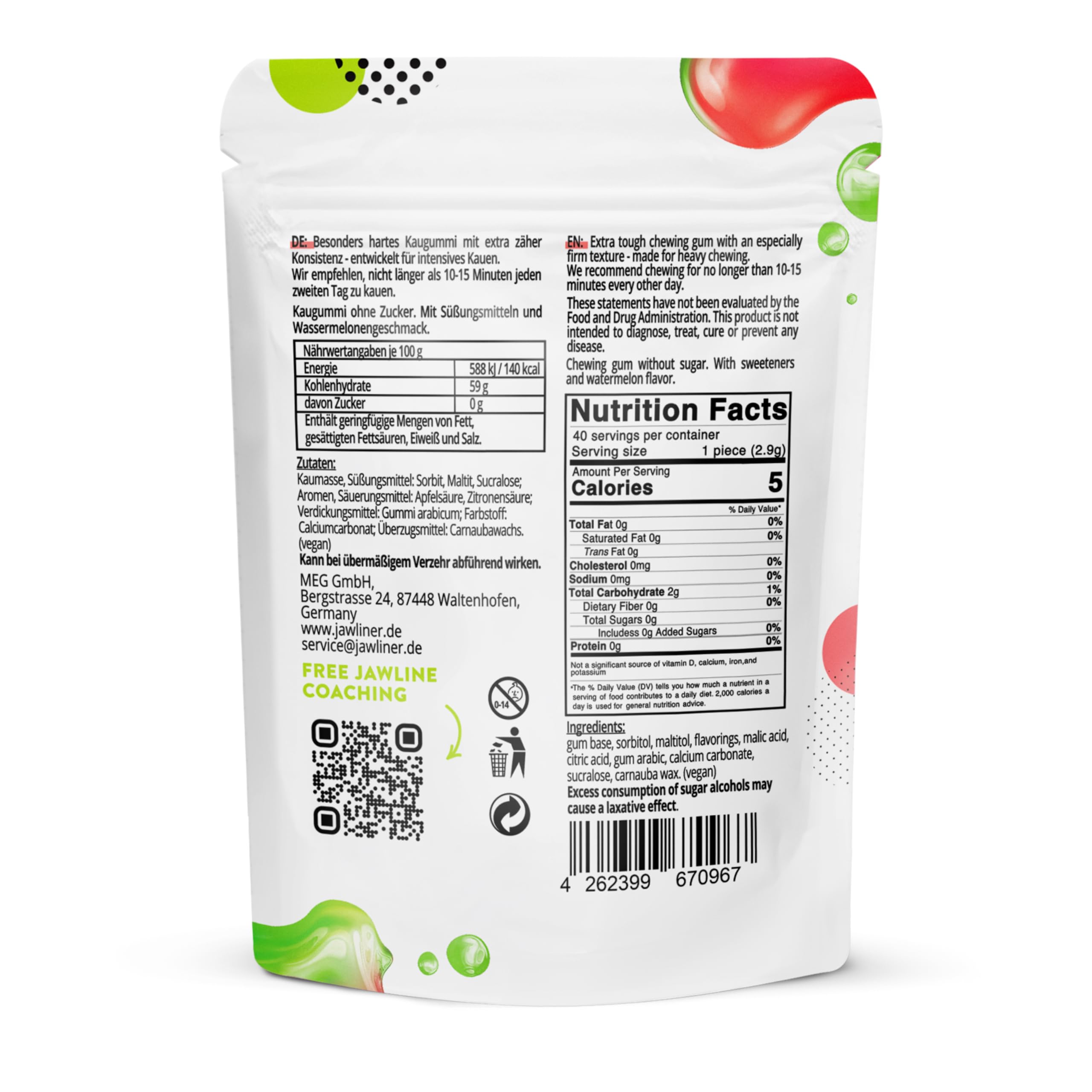 Jawliner® Goma de mascar dura para fitness facial - Ejercitador de mandíbula para esculpir músculo masetero, resistencia 6-10 veces más fuerte, vegana sin azúcar