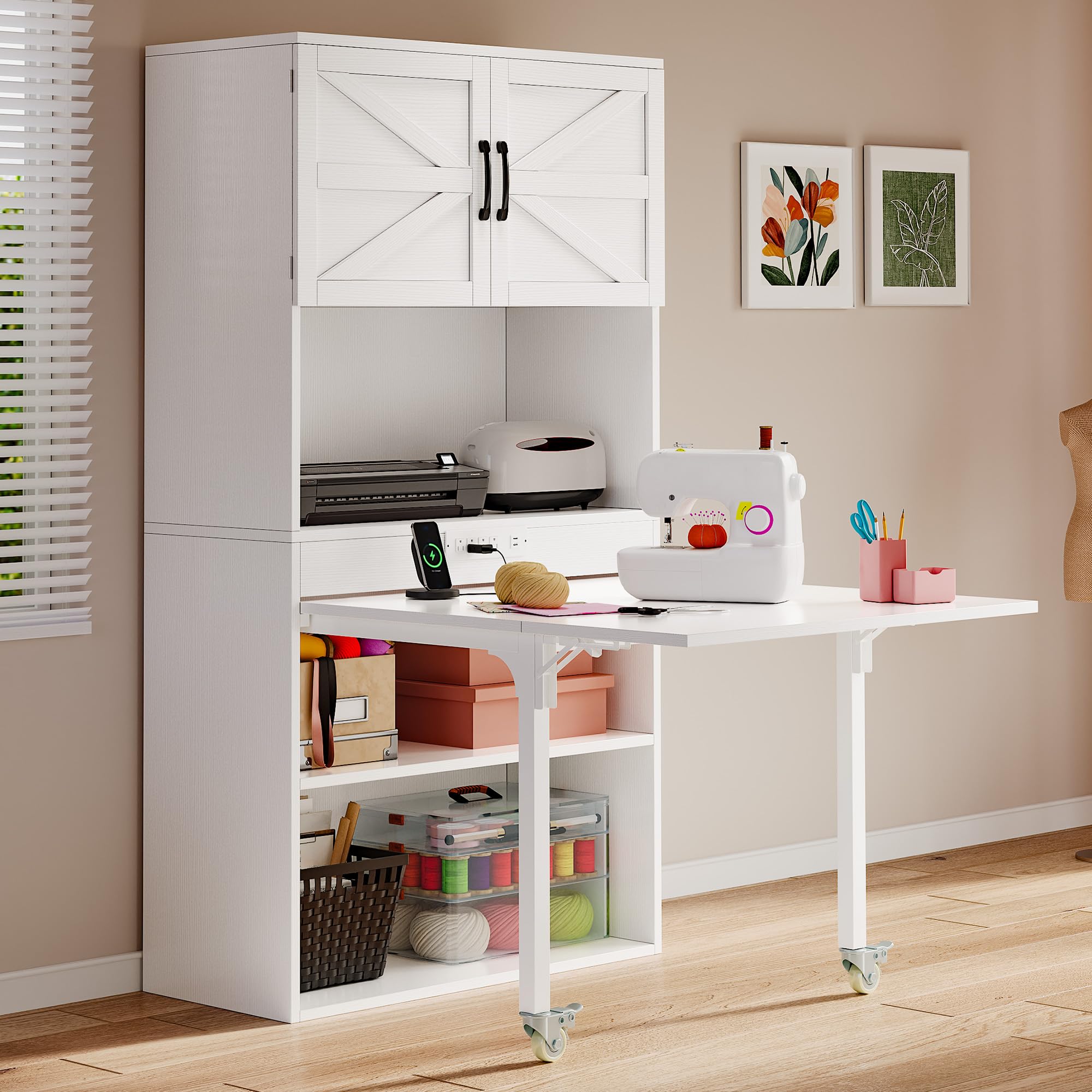 DWVO Sewing Craft Table with Storage, Craft Armoire with Fold-Out Table and USB Power Outlets, Large Capacity Sewing Cabinet with Expandable Desk, Adjustable Shelves for Home or Studio