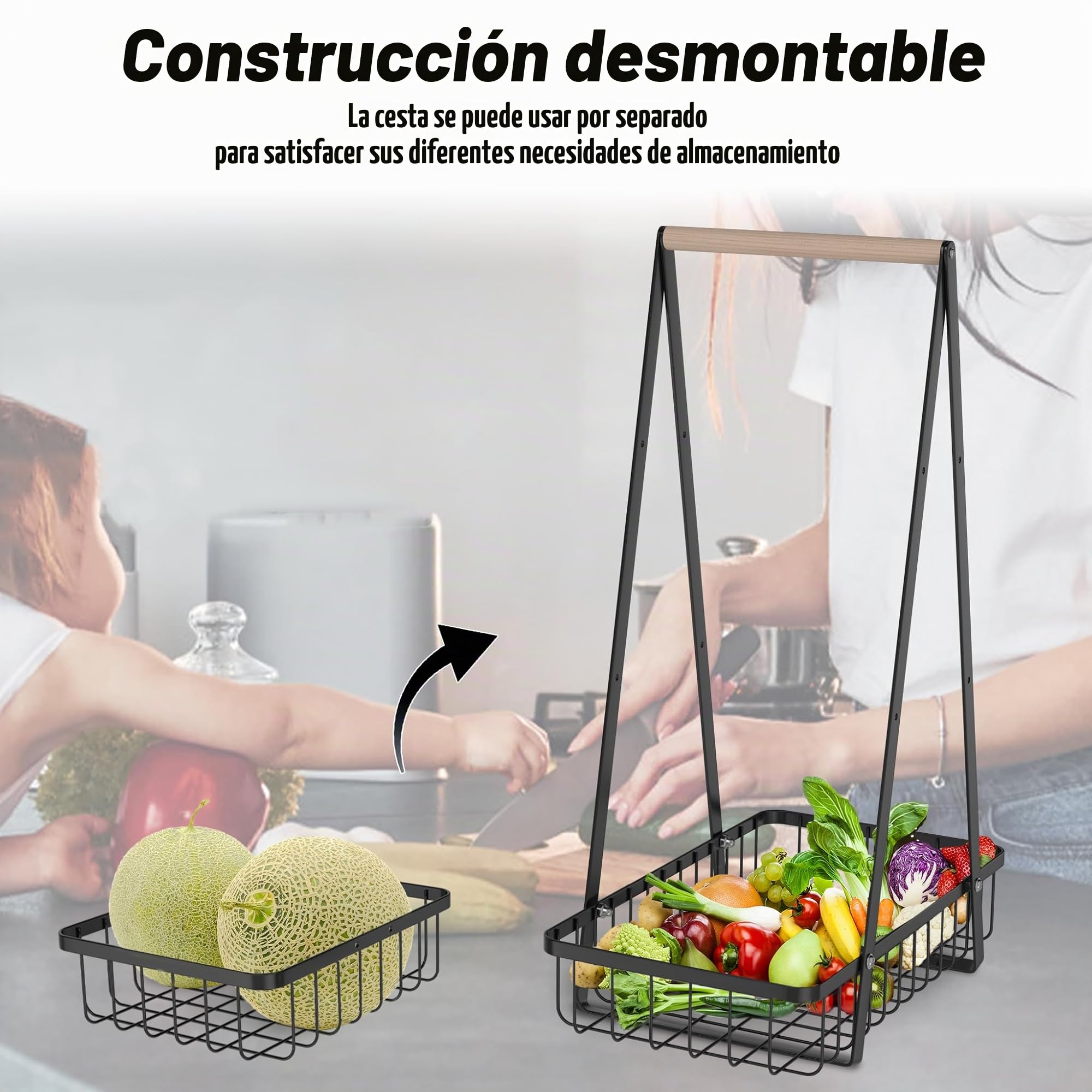 UISEBRT Frutero de 3 pisos, cesta de frutas de metal, bandeja de frutas extraíble, soporte para cocina, cesta de almacenamiento con mango de madera, cesta de pan, estante para verduras, cesta para