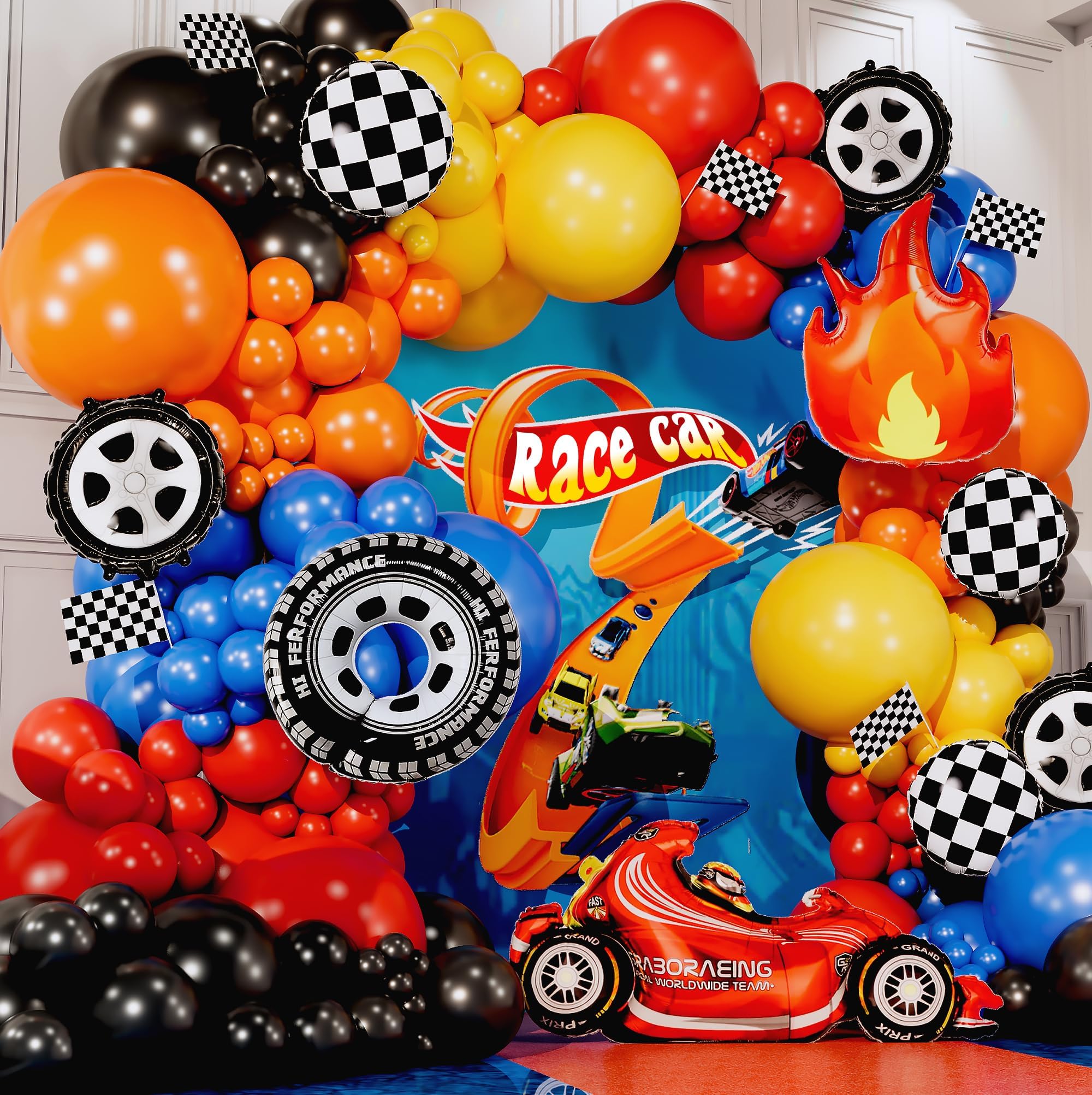 ALL-IN-1 Race Car Balloon Arch Kit with BONUS Flame & Race Car for Hot Wheels Birthday Decorations - Monster Truck Balloons for Hot Wheels Party Decorations - Hot Wheels Balloons, Monster Truck Party