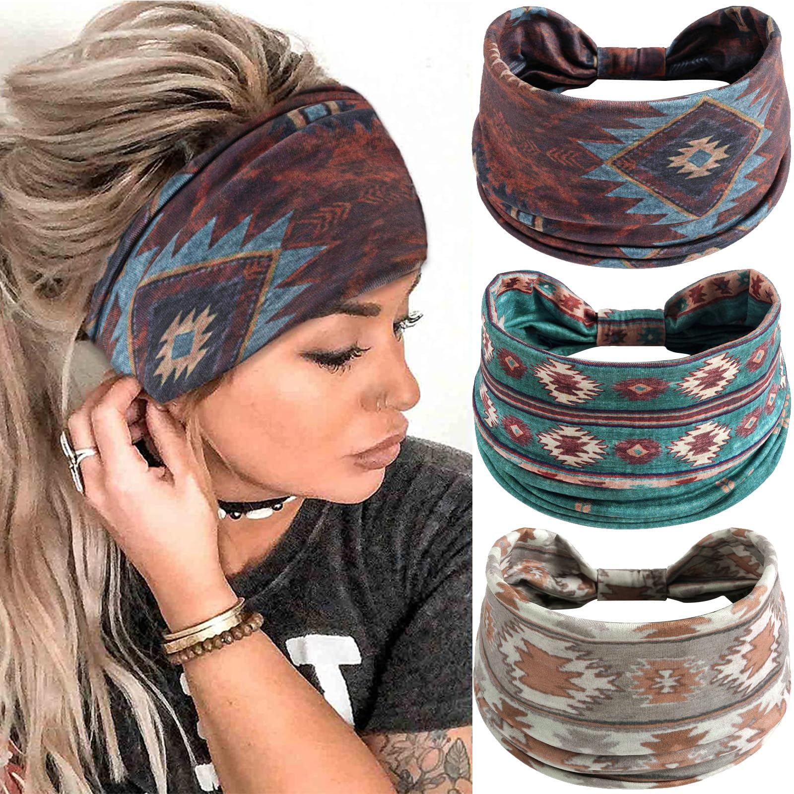 SAWINDA Boho Thick Hairbands for Women Stretchy Non-Slip Hair Bands African Knotted Twist Headwrap Workout Yoga Sports Stylish Turban Headband Hair