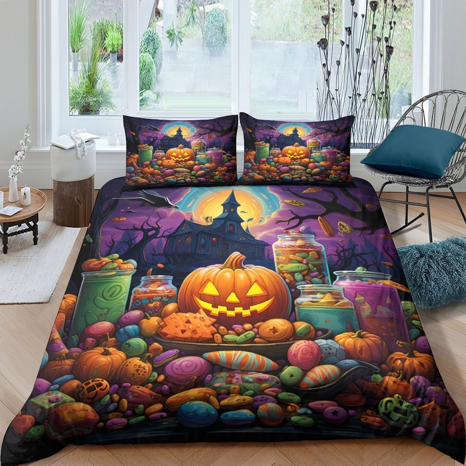 Ctjqhvkz Style-4 3D Printed Halloween Pumpkin Fitted Sheet Microfiber Soft Vibrant Candy Night Mattress Cover For Bedroom Guest Dorm Decor Single（135X200cm）