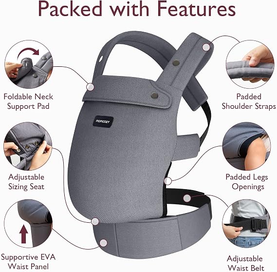 Momcozy Baby Carrier for 3-24M/3.2-20kg, Waist 64-127cm, Cotton Grey | IHDI certified for healthy hip development, with X shaped back for balanced support and padded leg openings for comfort