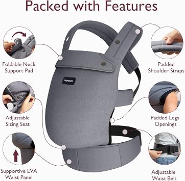 Momcozy Baby Carrier for 3-24M/3.2-20kg, Waist 64-127cm, Cotton Grey | IHDI certified for healthy hip development, with X shaped back for balanced support and padded leg openings for comfort