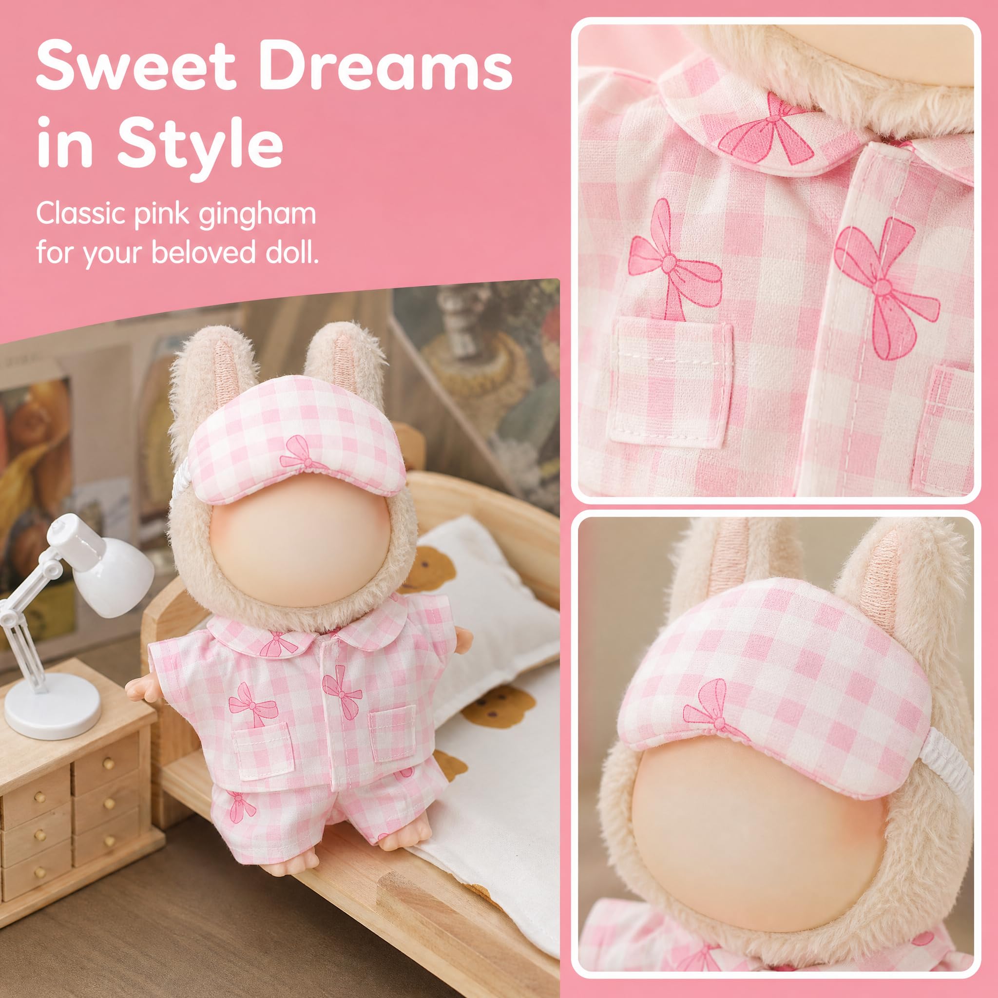Set pigiama per bambole con fiocco rosa e maschera per gli occhi, in morbido peluche, adatto per bambole Labubu da 17 cm