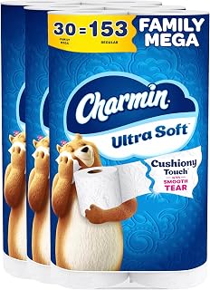 Charmin Ultra Soft Cushiony Touch Toilet Paper, 30 Family Mega Rolls = 153 Regular, 2-Ply White