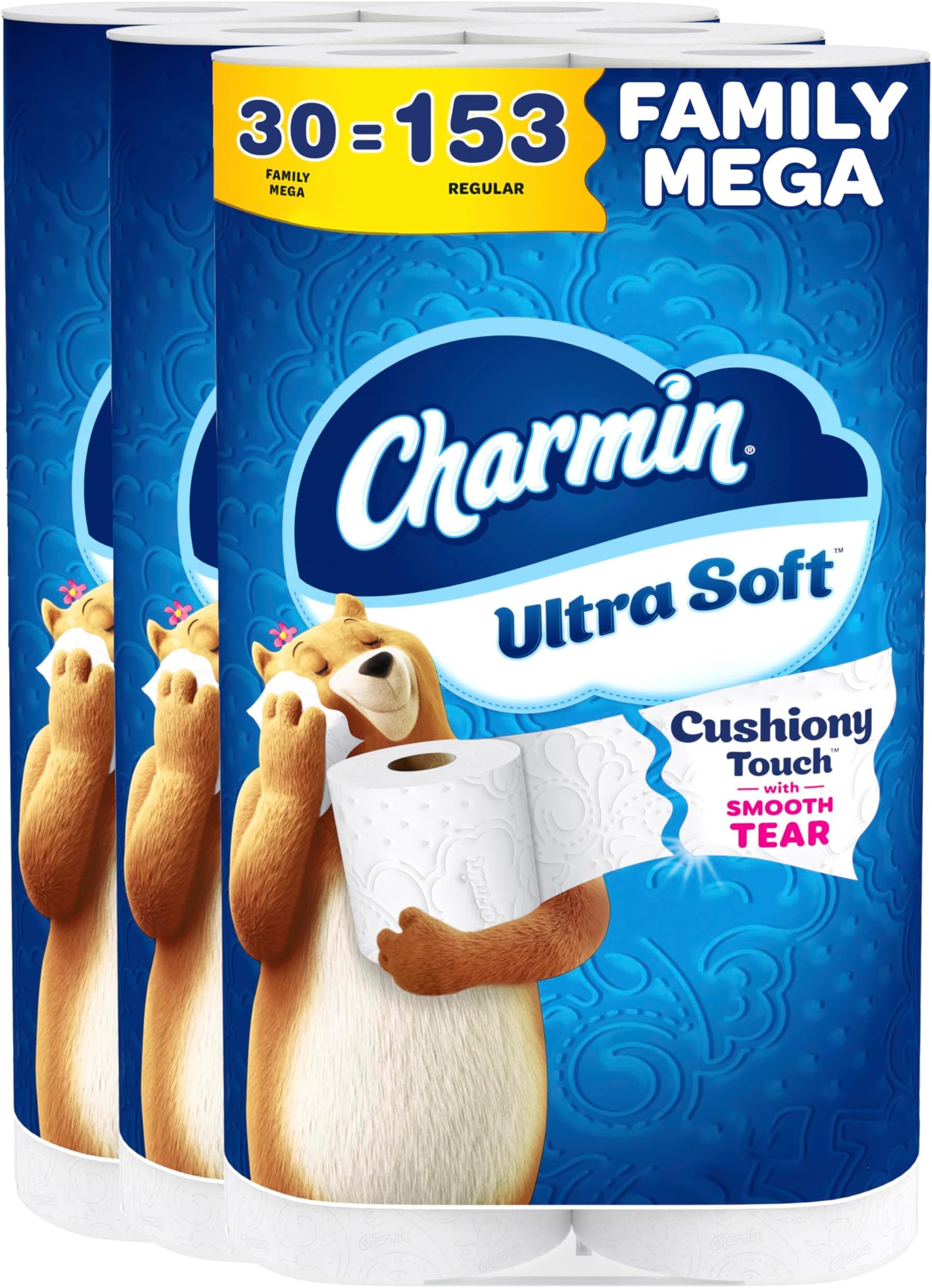 Toilet Paper Ultra Soft Cushiony Touch, 30 Family Mega Rolls = 153 Regular Rolls