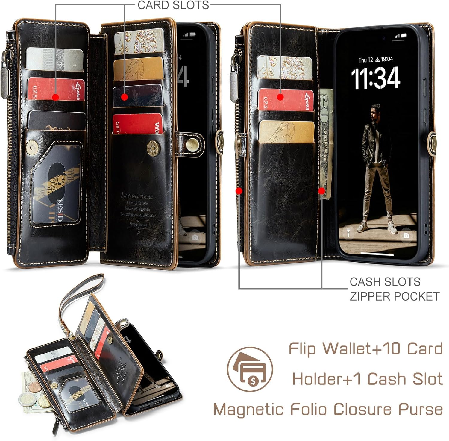 Defencase for Google Pixel 10 Pro XL Case, RFID Blocking Wallet Case for Pixel 10 Pro XL Soft PU Leather Magnetic Snap Flip Zipper Strap Card Holder Phone Cases for Women Men, Coffee