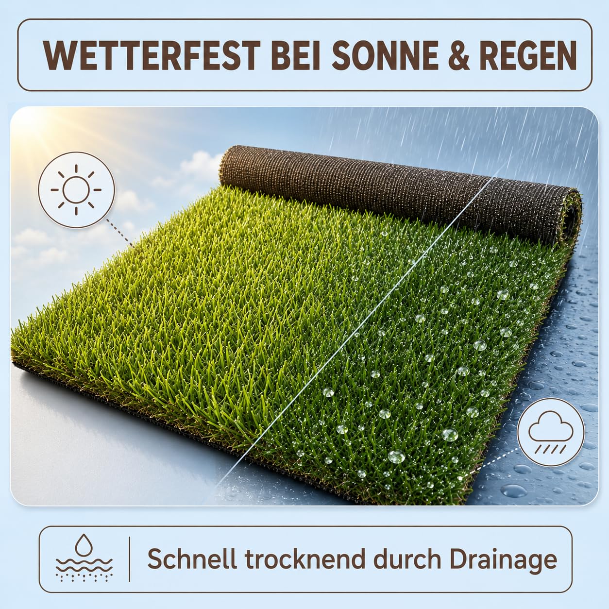 Hochflor Kunstrasen 20 mm, 200x200 cm, dekorativer Rasenteppich für Balkon, Terrasse und Garten, wetterfest und pflegeleicht
