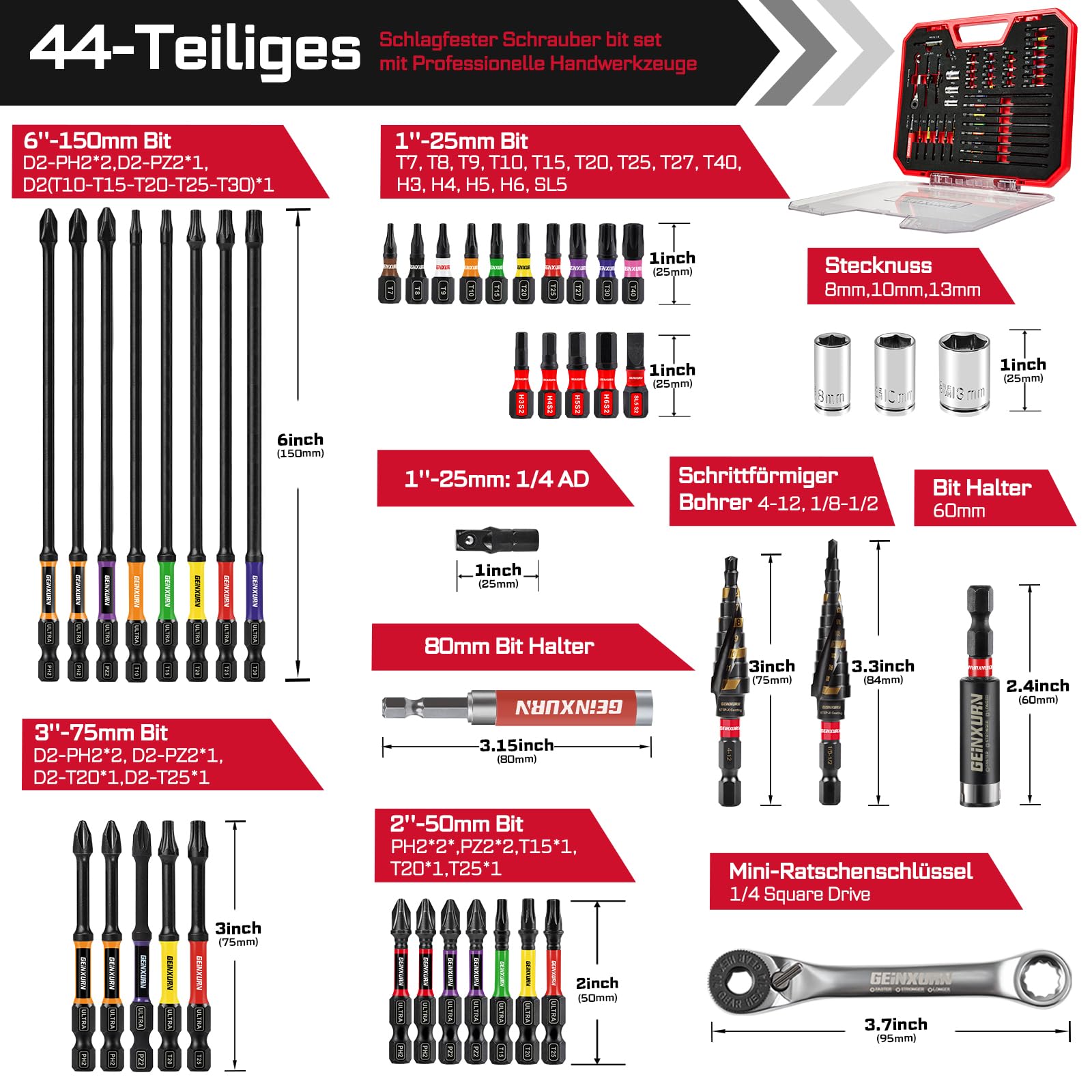 Geinxurn Juego de 44 puntas de destornillador, incluye puntas de destornillador de impacto, mini llave, taladro escalonado, soporte de brocas de impacto métricas y unidad de enchufe con caja de