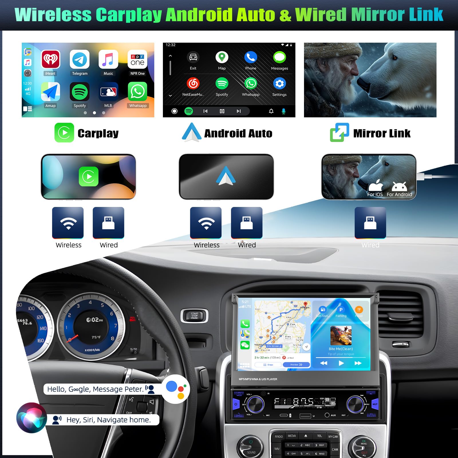 CAMECHO Radio de Coche 1 Din con Pantalla Táctil HD Inalámbrica Carplay, 7 Pulgadas Pantalla Retráctil Manual de Radio Bluetooth con Android Auto FM/AM/RDS Manos Libres Mirror Link Control del Volante