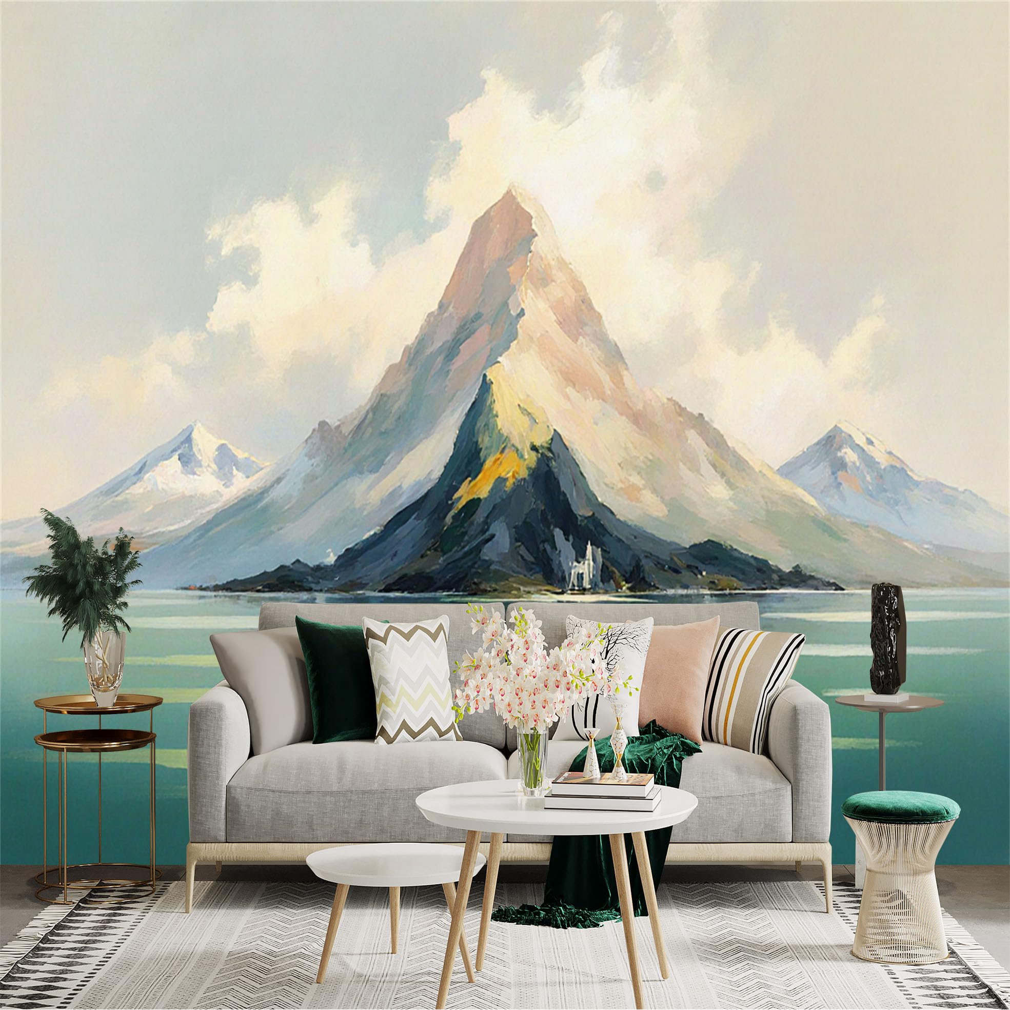 Lnzczhyre Xc260505050 Custom Size Wall Sticker Mural， Oil Painting Of Majestic Mountain Peaks Over Tranquil Lake， Serene Nature Landscape， For Wall Decoration， Peelandstick Wall Decals.