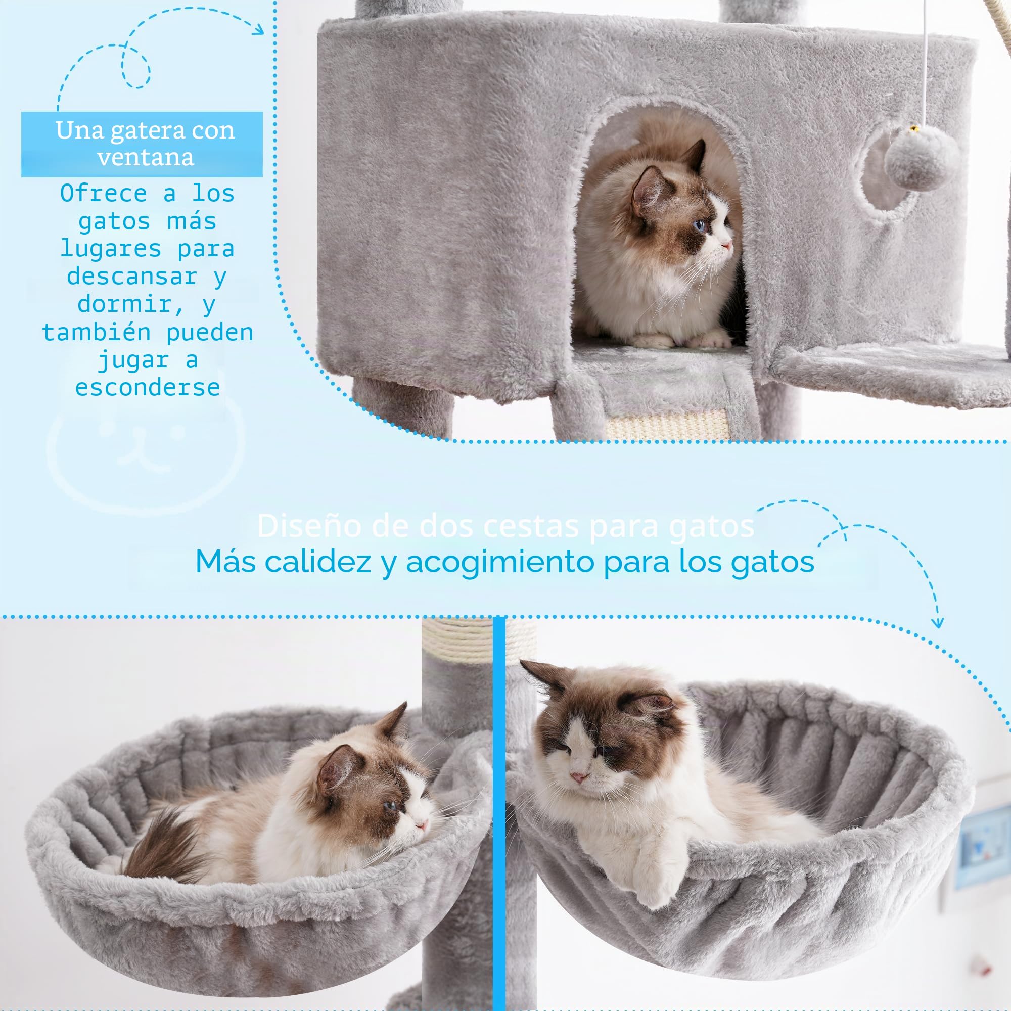 Hey-brother Rascador para Gatos XXL, Altura Ajustable, 250 cm-280 cm, Que llega hasta el Techo, Torre para Gatos Grandes, con Cueva, Gris Claro 0MPJ091W