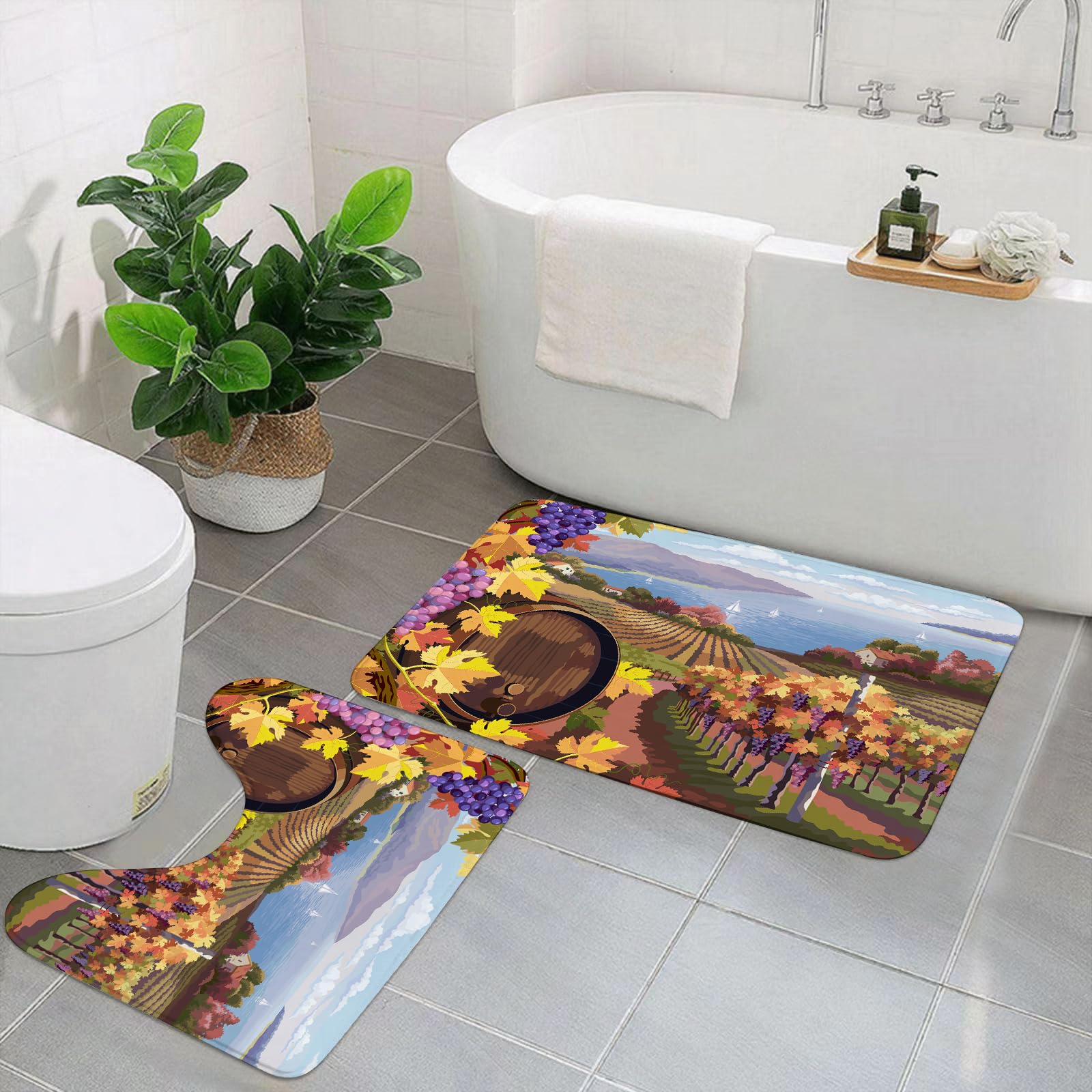 Set di 2 tappetini da Bagno, Lavabili in Lavatrice e Antiscivolo, in Morbida Fibra Superfine, con Tema vigneto, Paesaggio Rurale e Agricoltura stagionale.