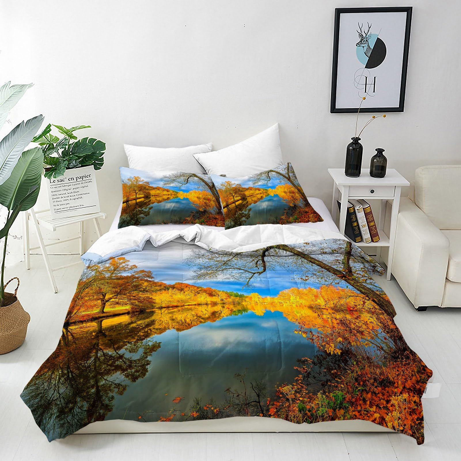 ANHOPE Custom Bedding Set Personalised Size Duvet Cover & Pillowcase Nature Autumn Forest Lake Printed Pattern Customized Quilt Cover for Kids Couple Family Birthday Wedding โ image 1